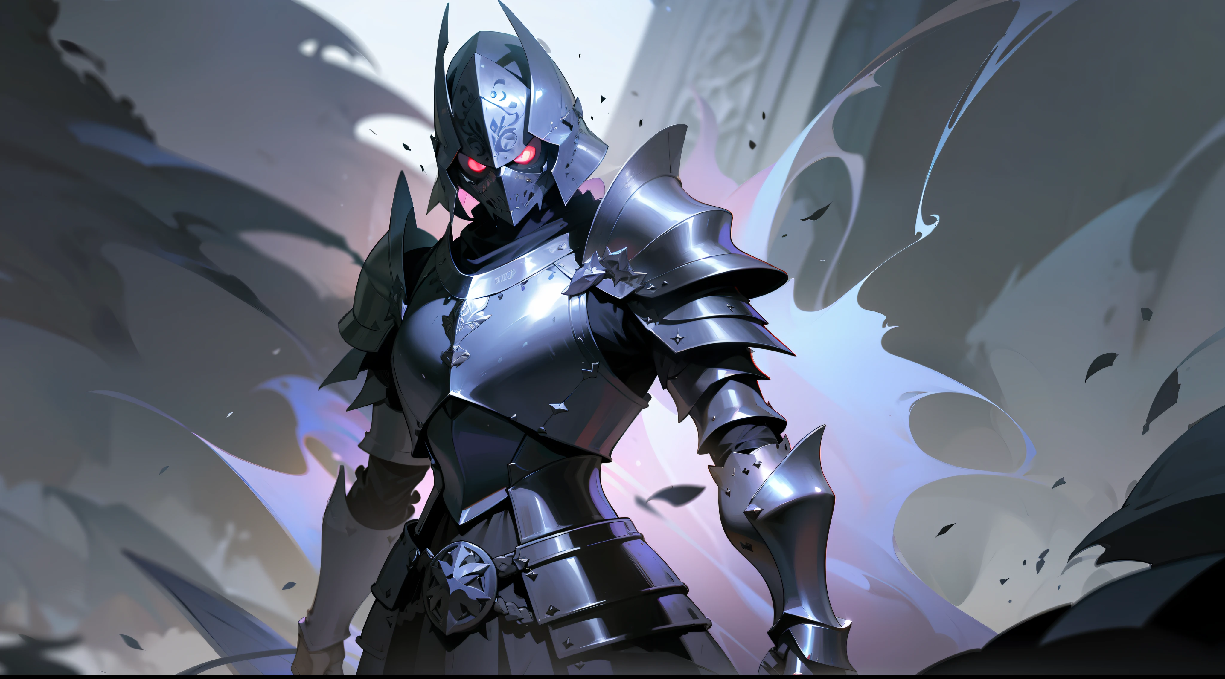 a mad angry medieval dark knight, detailed armor, detailed helmet, detailed large black sword, mystic dark jewels in the armor, cosmic dark hole background, horror, mist, shadowy smoke, dark ambient, dark aura