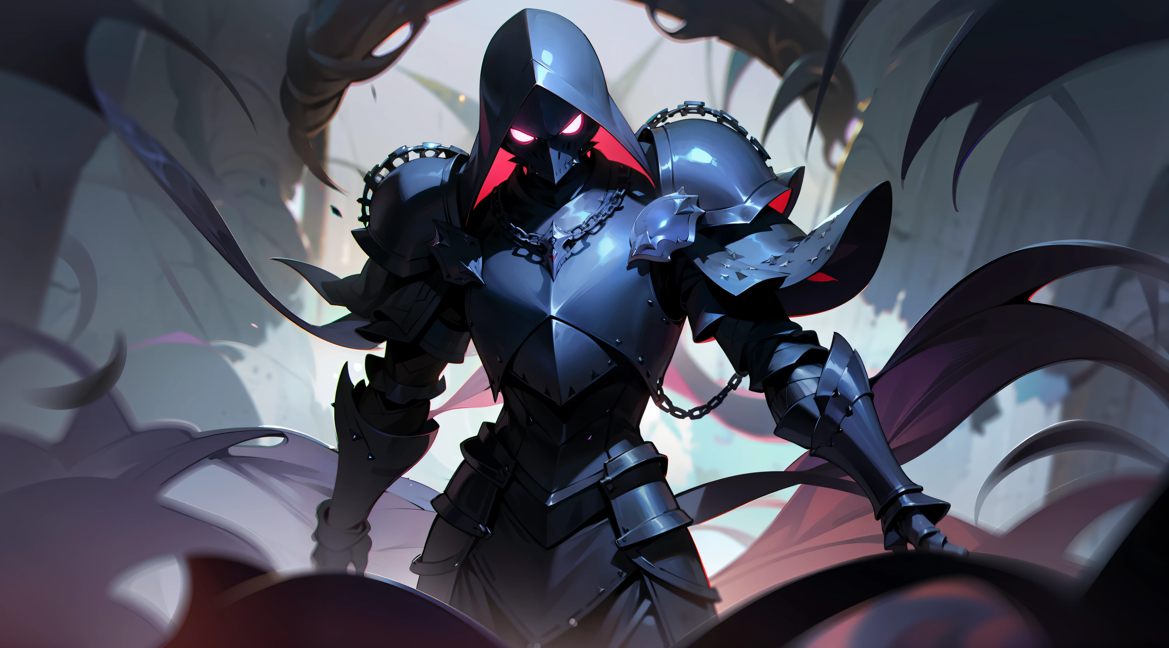 black armor, dark jewels, dark aura, shadowy smoke, horror ambient, surrounded by dark tentacles