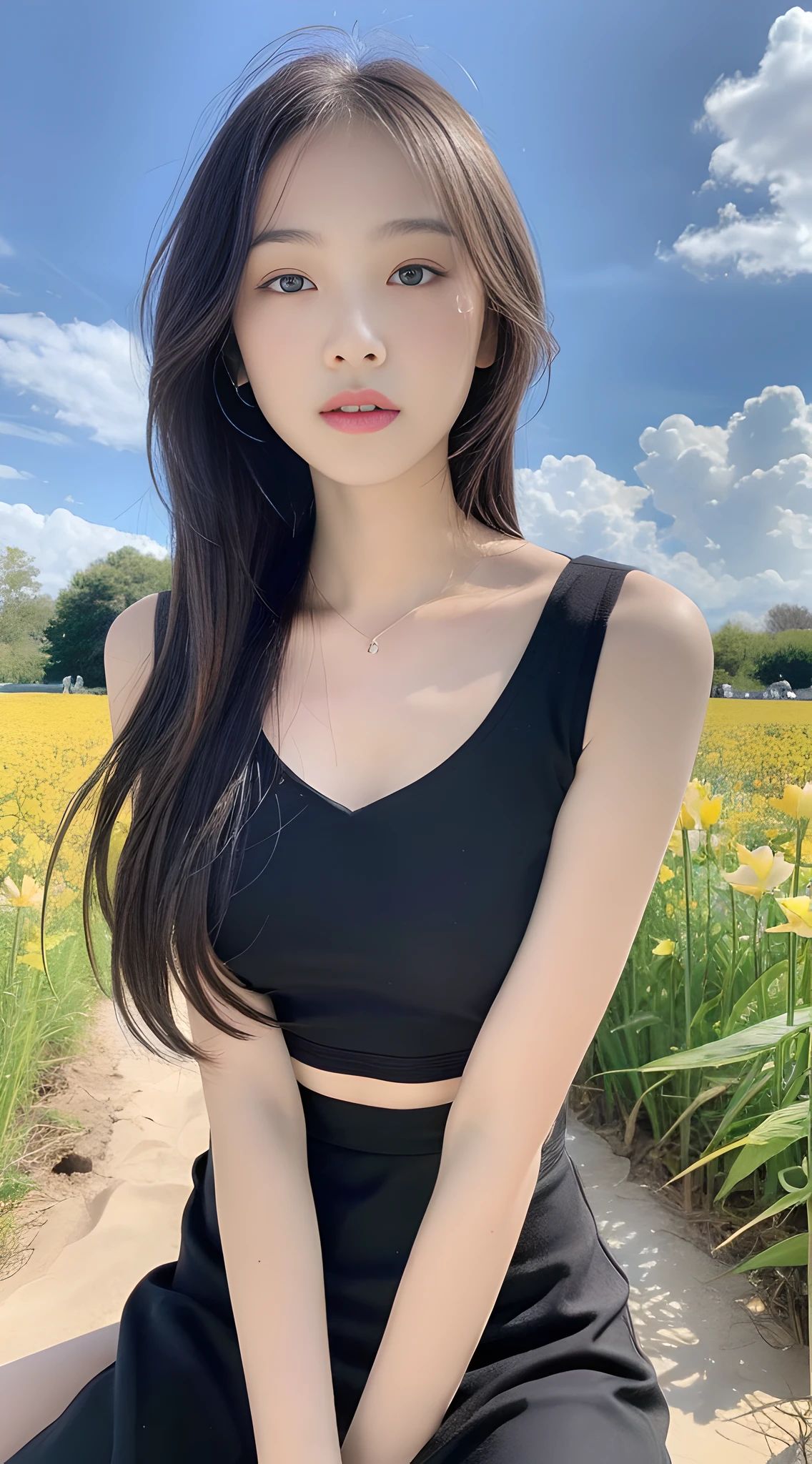 ((Best Quality, 8K, Masterpiece: 1.3)), Focus: 1.2, High School Girl, Perfect S-Shaped Body, (Firm Eyes) (Cute), Delicate Face, Long Hair Waist Length, Long Flowing Hair, Tilted Head, Long Body Leaning Forward, Sweet, Hair Details, Delicate Full Body Portrayal, Delicate Face Portrayal, Best Image Quality, High Resolution, Detailed Background, Delicate Description, Delicate Detail, Rich Detail, Face Enhancement, (Black Long Top), (Broken Flower Midi Skirt), Blue Sky and White Clouds, Lotus, Seated, Willow Technique, no eye bags under the eyes
