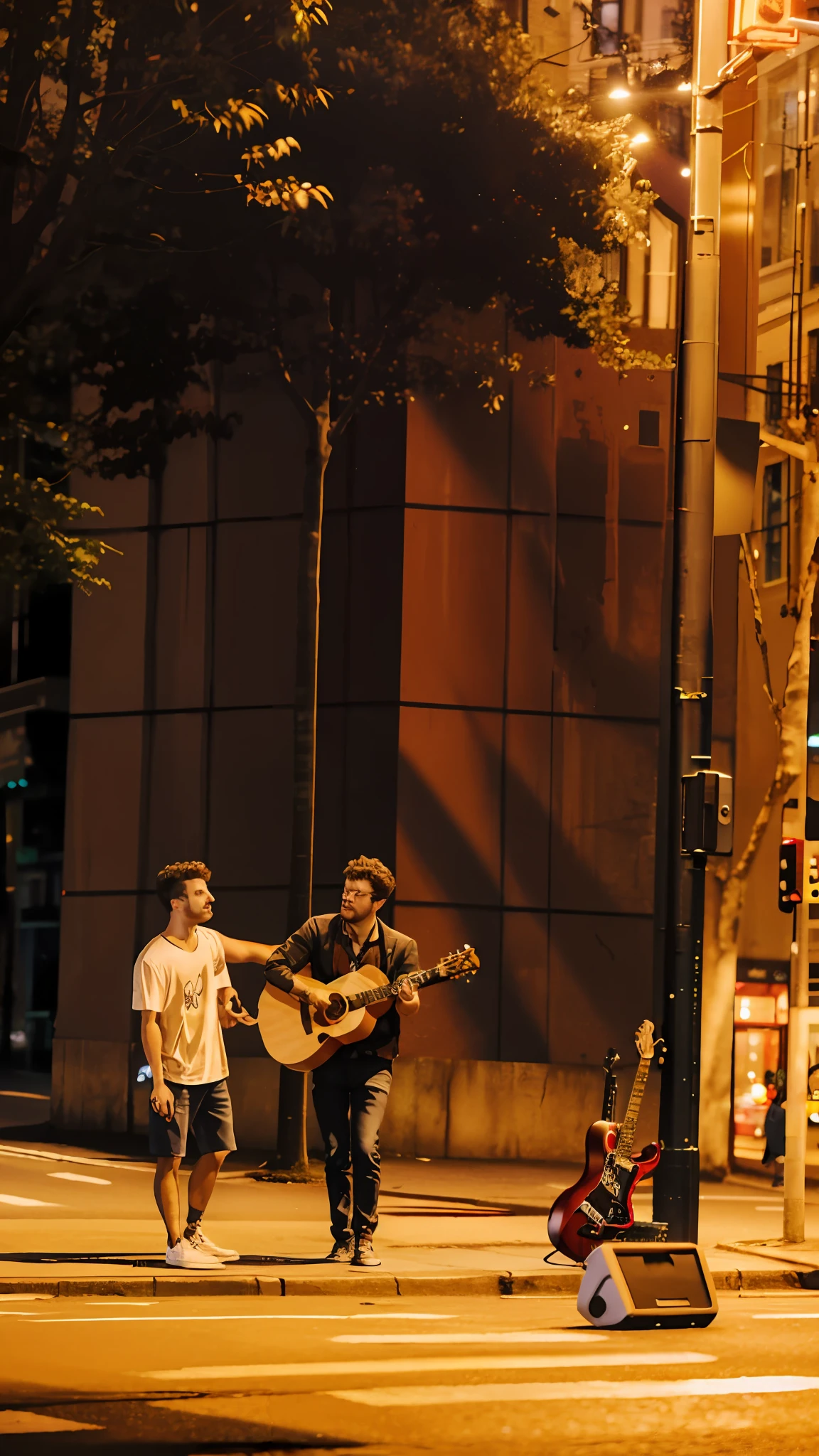 There are two people playing guitar on the street, guitarist, playing guitar, on the street, beautiful scene, musicians, set in the evening, band playing, candid shooting, in the city, filming at night, playing guitar on stage, in São Paulo, on the street, night scene, against the background of trees, private moments, music being played, one comforting the other, putting his hand on his shoulder