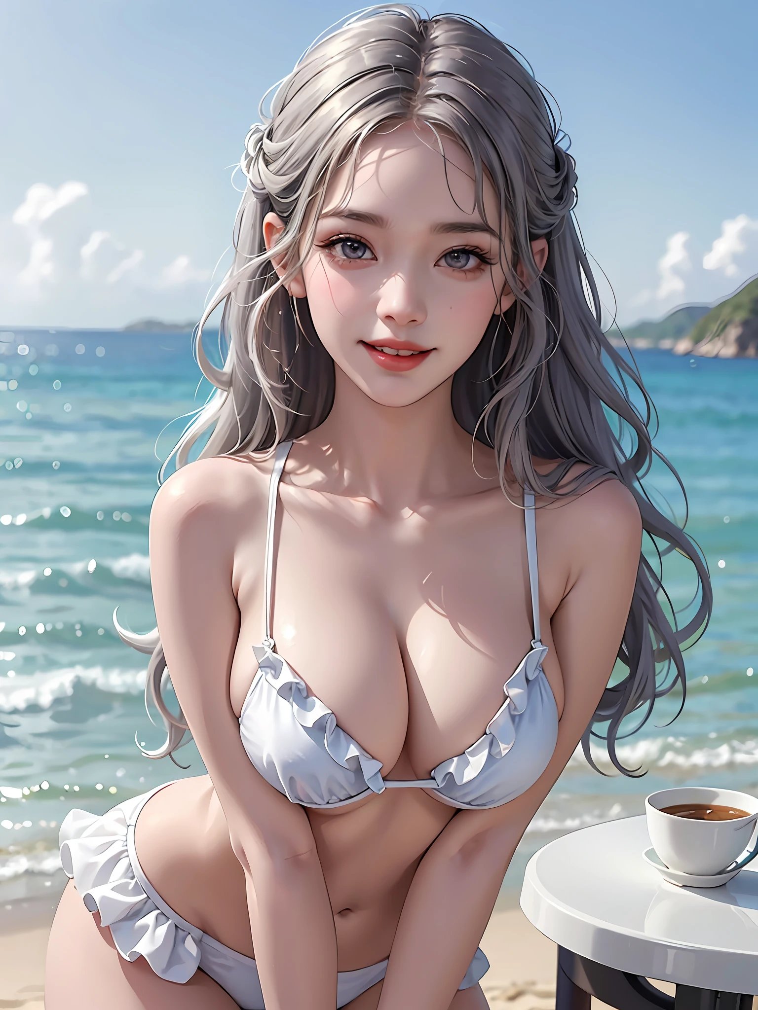 Cute micro bikini with frills, upper body up, silver curly hair, big, (I cup), beautiful girl, young, cute, best smile, seaside, camera gaze, 8k, very detailed, best image quality, best quality, realistic, photorealistic, masterpiece, beautiful detailed girl, very detailed eyes and face, beautiful detailed eyes, sexy lips, shiny skin,