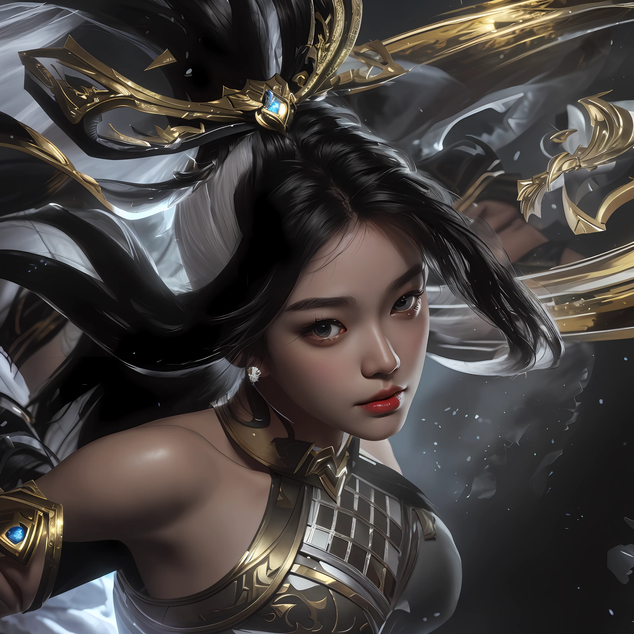 Masterpiece, realistis, high detailed, realistic cloth texture, realistic skin texture, partical elements, fighting pose, character from mobile legends, realistic skin, realistic hair, large breast, black shiny hair, white skin