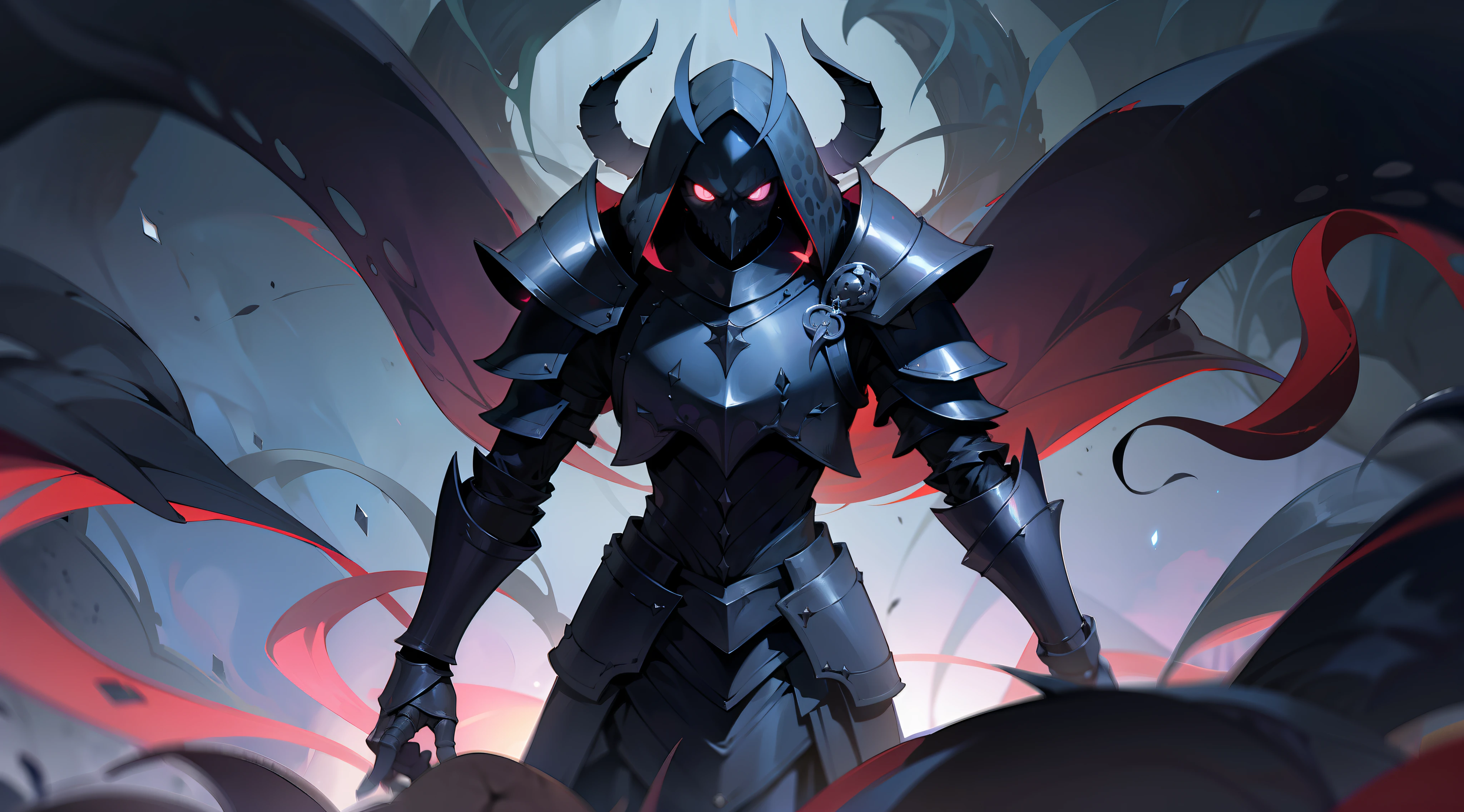 black armor, dark jewels, dark aura, shadowy smoke, horror ambient, surrounded by dark tentacles