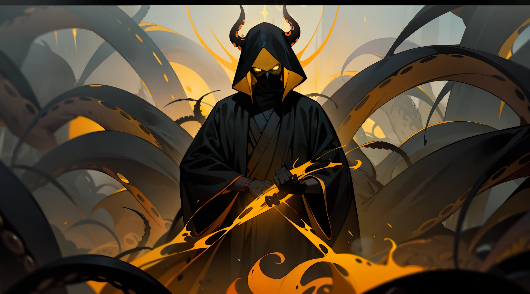 a cultist, dark black robe, monstrous yellow mask, surrounded by dark aura, dark yellow shadowy smoke and dark yellow tentacles, horror ambient, darkness