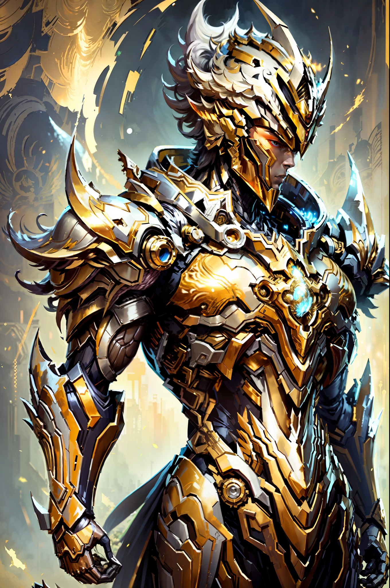 (masterpiece), (best quality), (1boy), boy in golden armor, cool pose, battle field background, fire background, saint seiya armor, messy hair