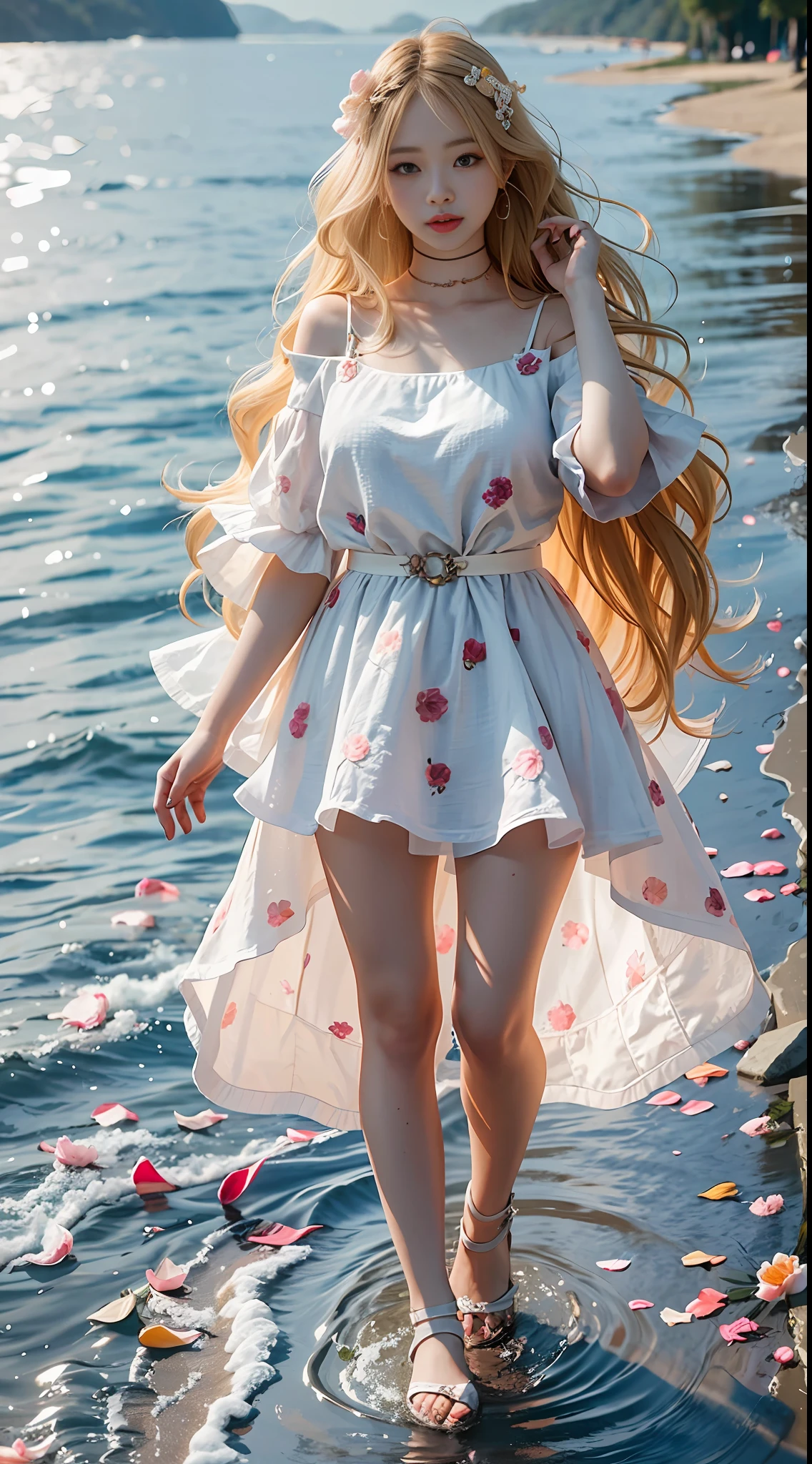1 girl walking on the river, mix 4, sweater, pillow, lips, open_mouth, realism, photo_\(medium), solo, stuffed_animal, stuffed_toy, teddy_bear, (masterpiece), (realistic: 1.3), ultra detail, (high detail skin: 1.2), (best quality: 1.0), (ultra high resolution: 1.0), (ulzzang-6500:0.3), Wavy details for blonde hair, long hair, sunlight, (beautiful detail makeup), floral theme petals scattered, (soft glow flood: 0.5), full body, full body photo