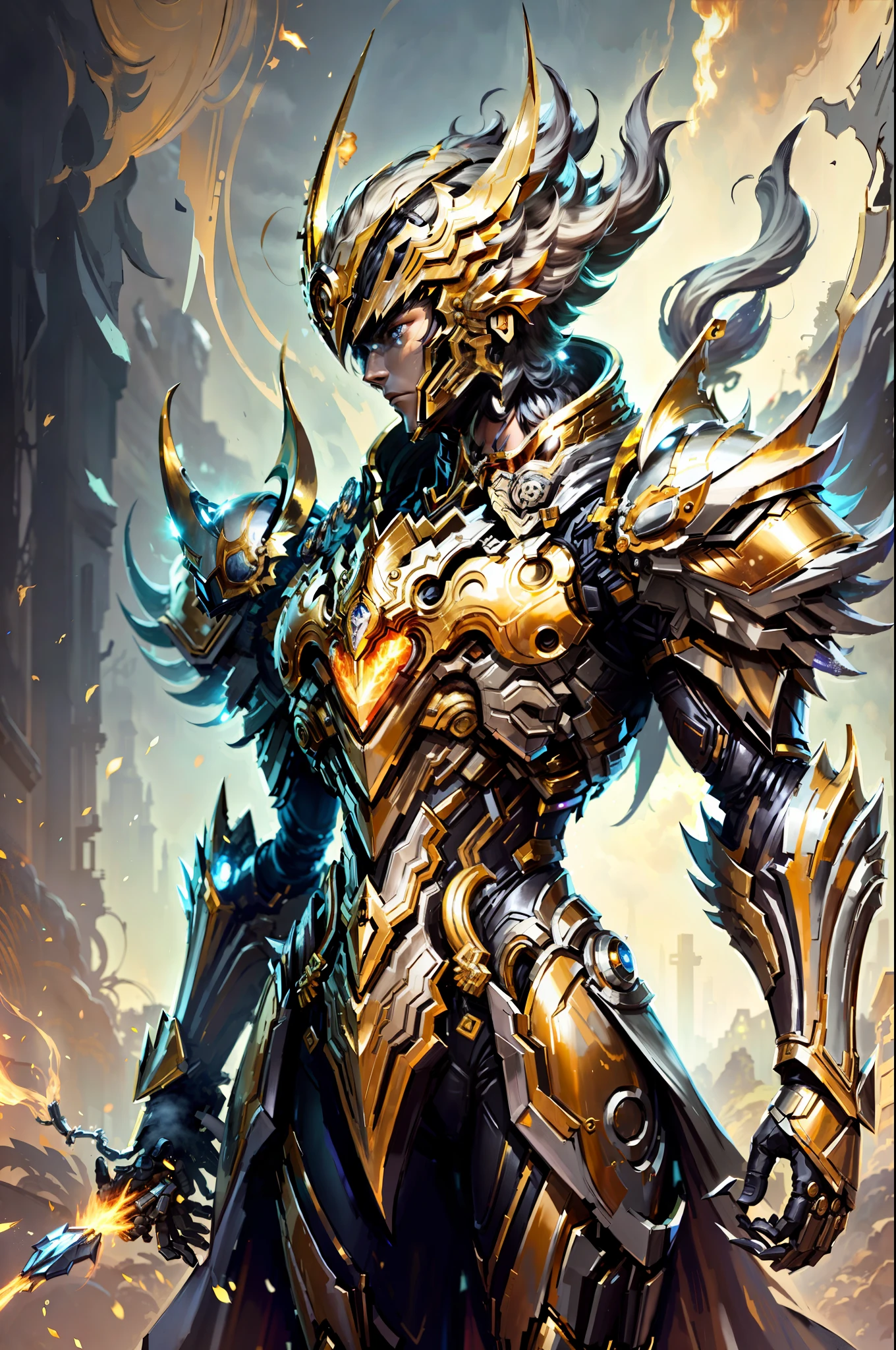(masterpiece), (best quality), (1boy), boy in golden armor, cool pose, battle field background, fire background, saint seiya armor, messy hair