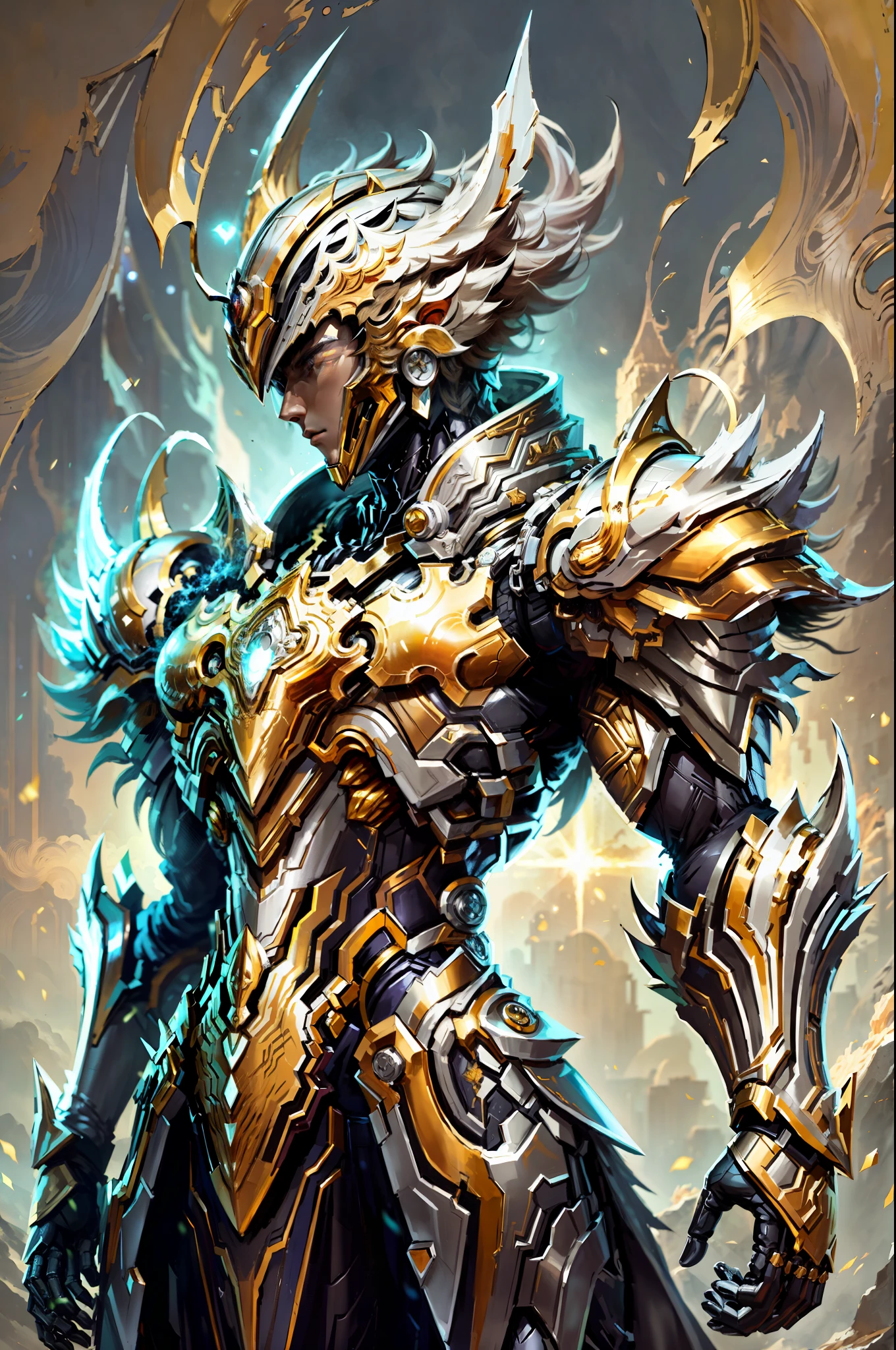 (masterpiece), (best quality), (1boy), boy in golden armor, cool pose, battle field background, fire background, saint seiya armor, messy hair