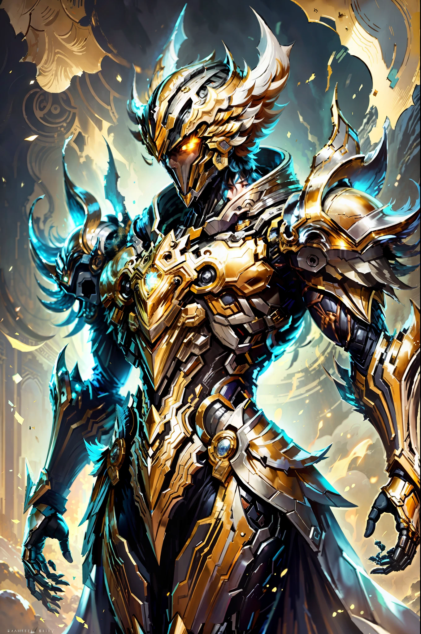 (masterpiece), (best quality), (1boy), boy in golden armor, cool pose, battle field background, fire background, saint seiya armor, messy hair