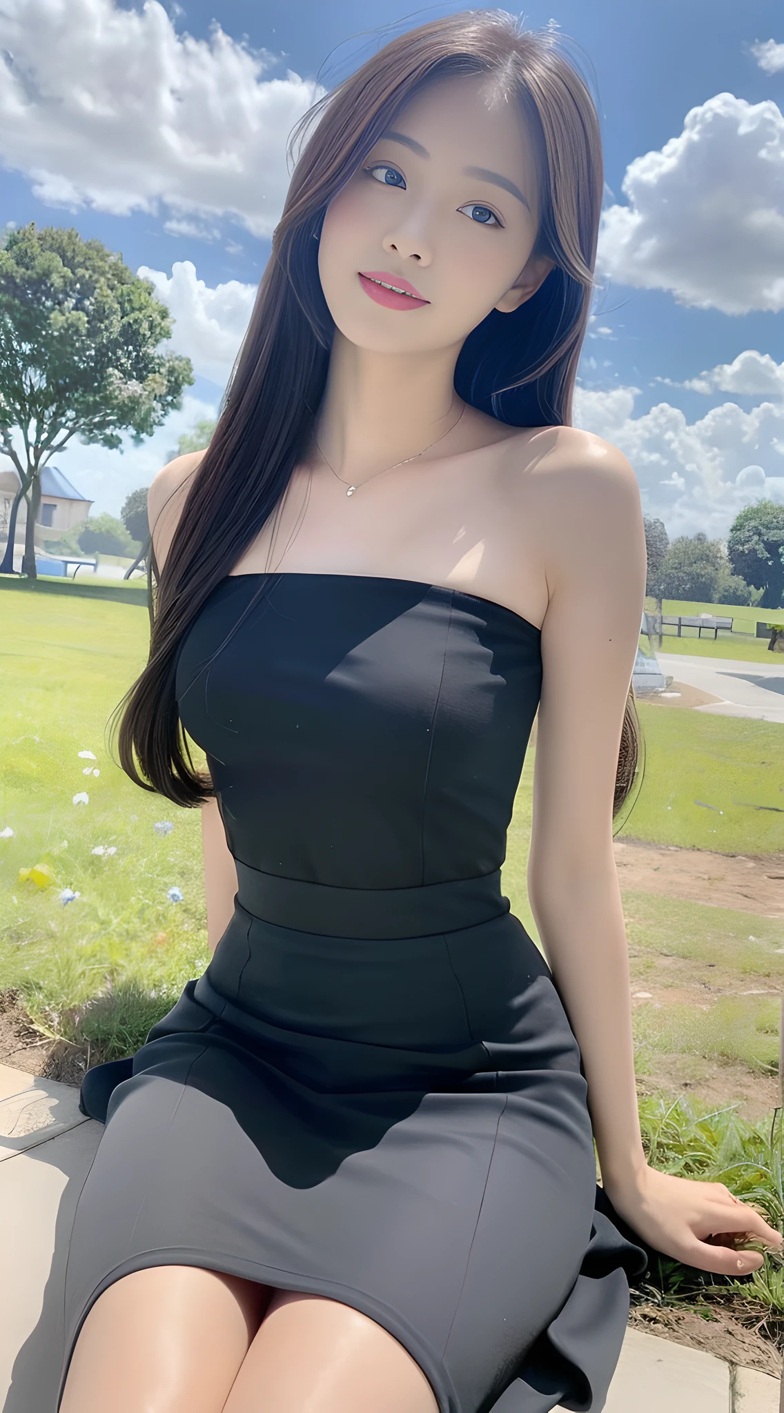 ((Best Quality, 8K, Masterpiece: 1.3)), Focus: 1.2, High School Girl, Perfect S-Shaped Body, (Firm Eyes) (Cute), Delicate Face, Long Waist Length, Long Flowing Hair, Tilted Head, Smile, Hair Details, Delicate Full Body Portrayal, Delicate Face Portrayal, Best Image Quality, High Resolution, Detailed Background, Delicate Description, Delicate Detail, Rich Detail, Face Enhancement, (Black Long Top), (Broken Flower Midi Skirt), Blue Sky and White Clouds, Lotus, Seated, Willow Technique, There are no bags under the eyes