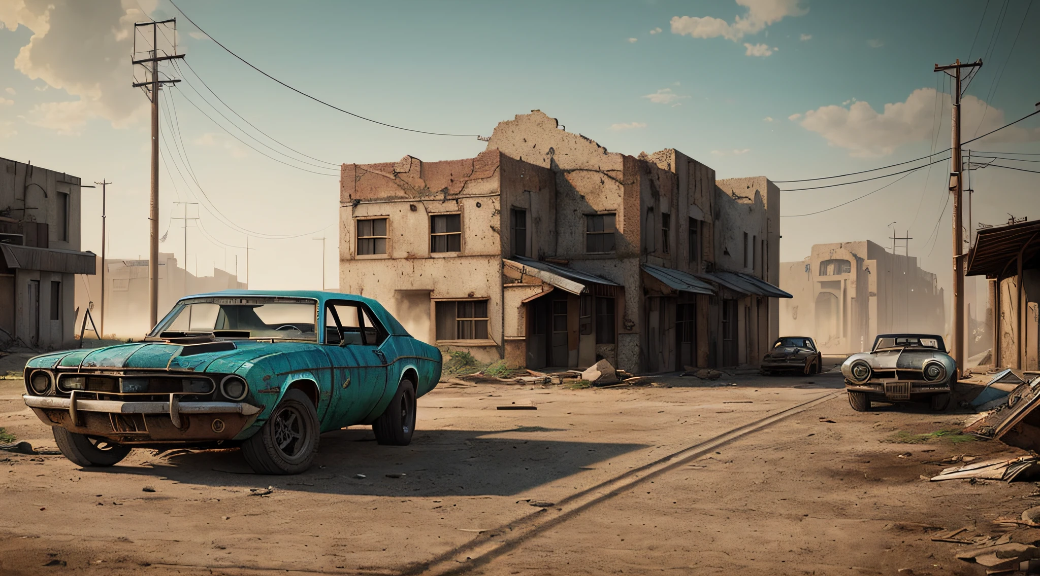 ((best quality)), ((masterpiece)), ((realistic)), (detailed), abandoned wasted city, rusty muscle car standing on a street, Fallout, everything covered with dust, postapocalyptic, herds of dogs looking for some food, ((close shot, 35 mm)), realism, exploration, cinematic, realistic, octane render, unreal engine, hyper detailed, volumetric light, moody cinematic epic concept art, realistic matte painting, concept art, insanely detailed, , ((masterpiece)), absurdres, HDR