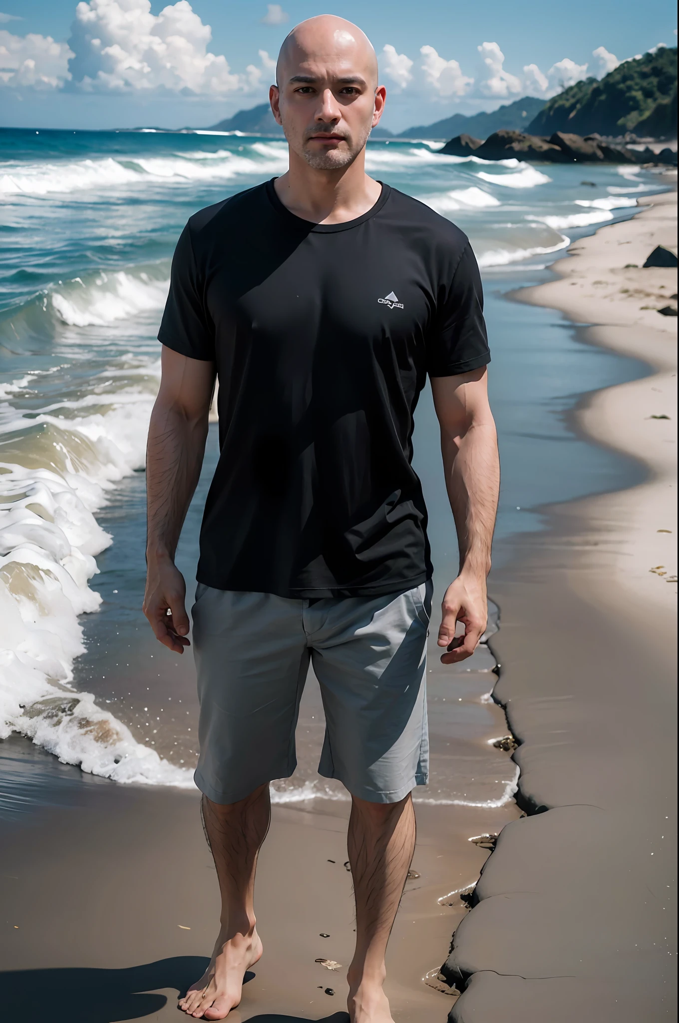 ultra detailed, highres, (realistic, photo-realistic: 1.4), 8k, raw photo, (masterpiece), (best quality), physics-based rendering, bald man 22 years, dark eyes, Brazil, beach, beach landscape, full body, camisa_branca_estampada,