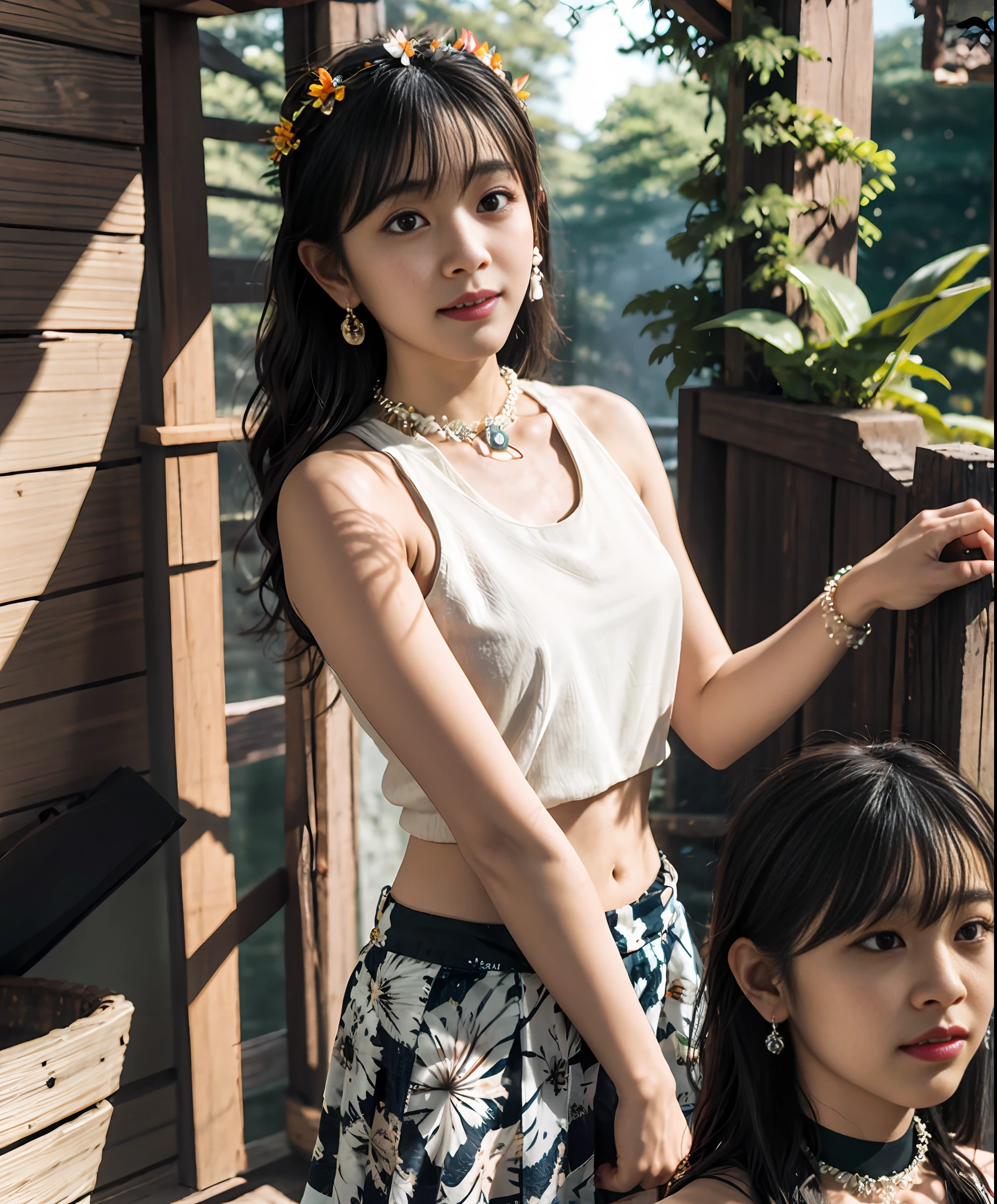 award winning photo, highest quality, extremely detailed, (realistic), photorealistic, (bright: 1.5),
1girl, solo focus, (prmitive:1.4), (tribe:1.4), cowboy shot,
bright outdoors, sunny, pond, thatched and rammed earth village,
(topless), nude, nsfw,,
Age:21, long black straight hair, shaman,
bare legs, mini shabby hula skirt, barefoot,
elegant, ancient, animal teeth necklace, jade earings, head wreath, totem pattern,
log pile,
soft light, depth of field, cinematic lighting, film photograph, f1.6 lens hyper realistic lifelike texture dramatic, dynamic lighting,
(ulzzang-6500-v1.1:0.3),