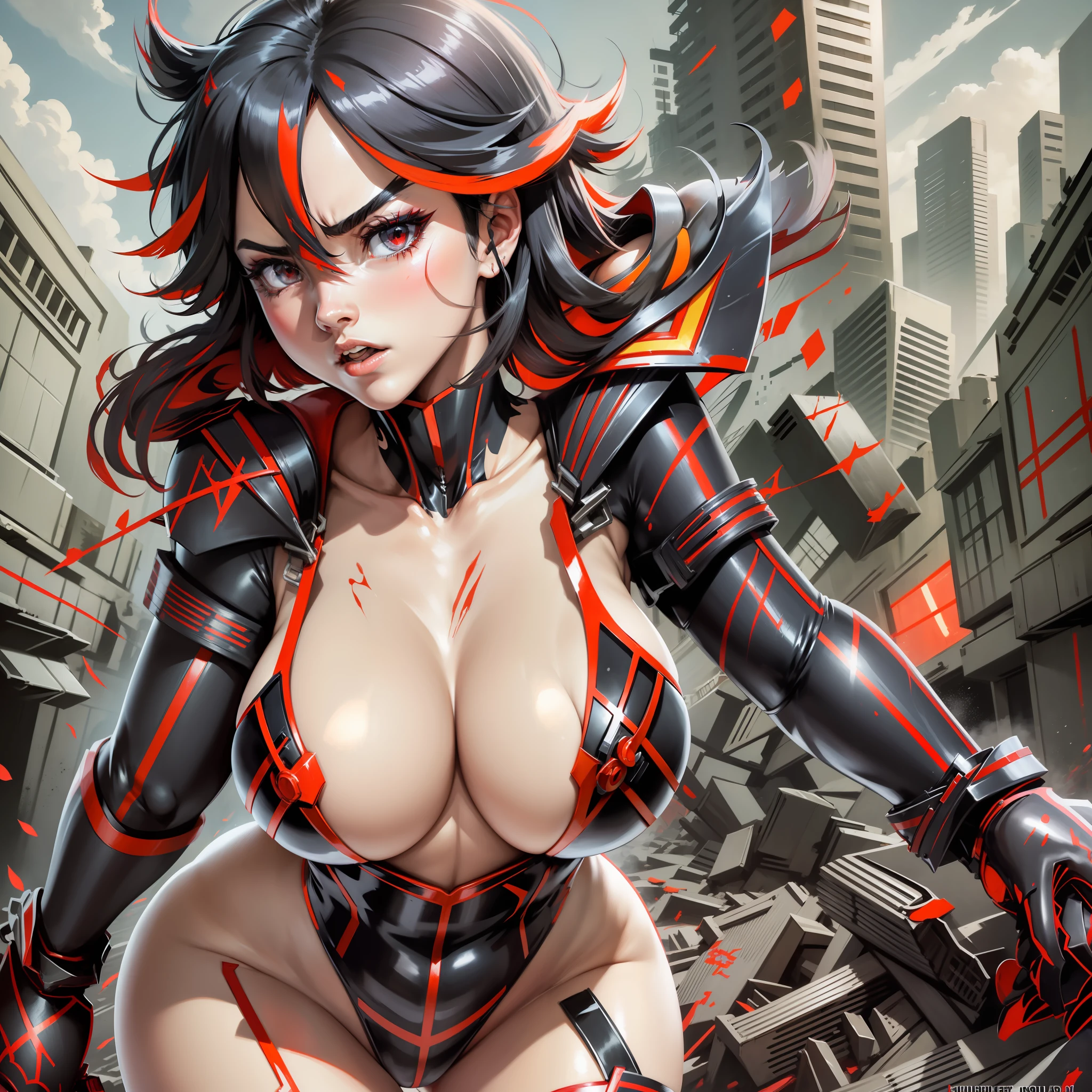 Ryuko matoi, Ryuko matoi from kill-la-kill, big breasts, voluminous breasts, bulging breasts, firm breasts, closed chest, ruined city, tight suit, red and black suit