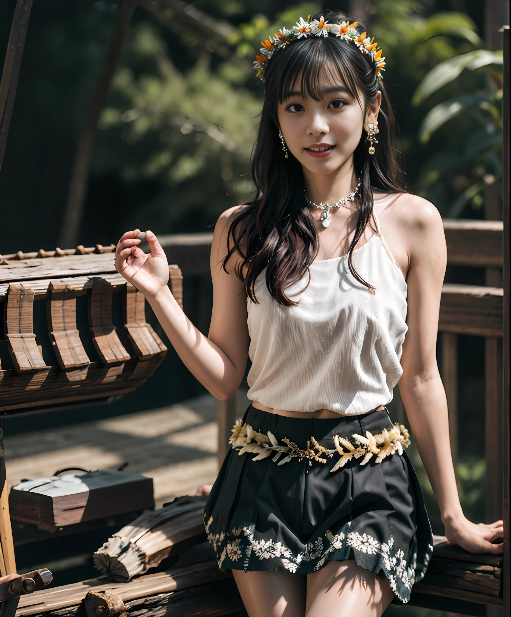 award winning photo, highest quality, extremely detailed, (realistic), photorealistic, (bright: 1.5),
1girl, solo focus, (prmitive:1.4), (tribe:1.4), cowboy shot,
bright outdoors, sunny, pond, thatched and rammed earth village,
(topless), nude, nsfw,,
Age:21, long black straight hair, shaman,
bare legs, mini shabby hula skirt, barefoot,
elegant, ancient, animal teeth necklace, jade earings, head wreath, totem pattern,
log pile,
soft light, depth of field, cinematic lighting, film photograph, f1.6 lens hyper realistic lifelike texture dramatic, dynamic lighting,
(ulzzang-6500-v1.1:0.3),