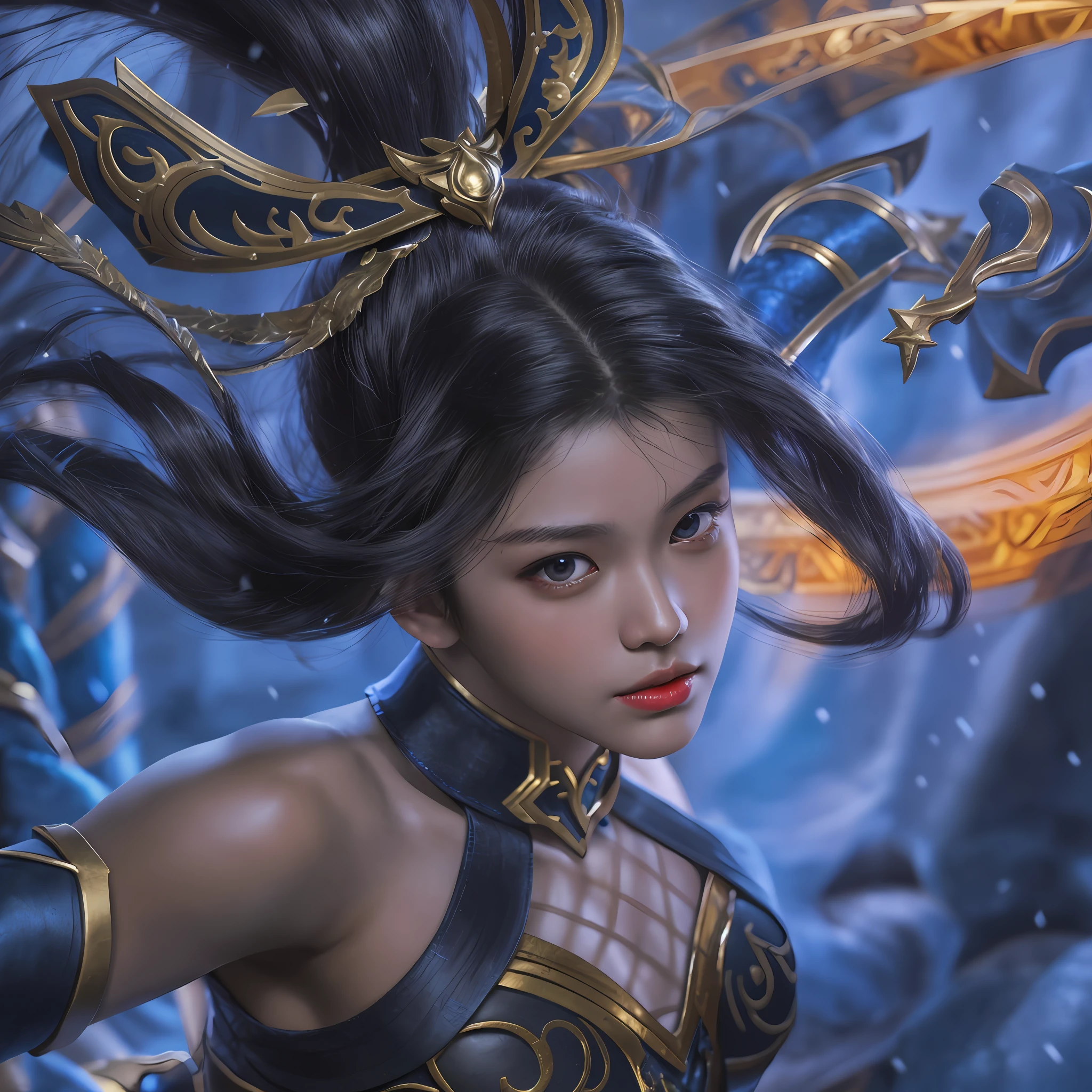 Masterpiece, realistis, high detailed, realistic cloth texture, realistic skin texture, partical elements, fighting pose, character from mobile legends, realistic skin, realistic hair, large breast, black shiny hair, white skin
