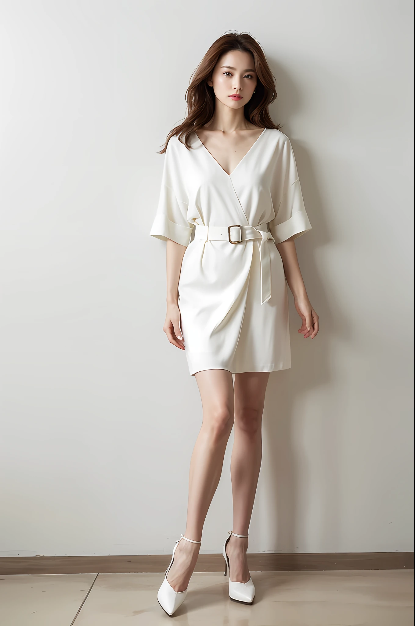 First Look: V-neck Belted Dress
This belted dress with a V-neckline is perfect for middle-aged women, as it flatters the body while creating a slimming effect. Plus, it projects a soft color that is great for relaxing and enjoying your vacation.
It's important to choose the right color combination to avoid appearing too garish or drab. We recommend pairing with light-colored high heels to showcase a more graceful gait.