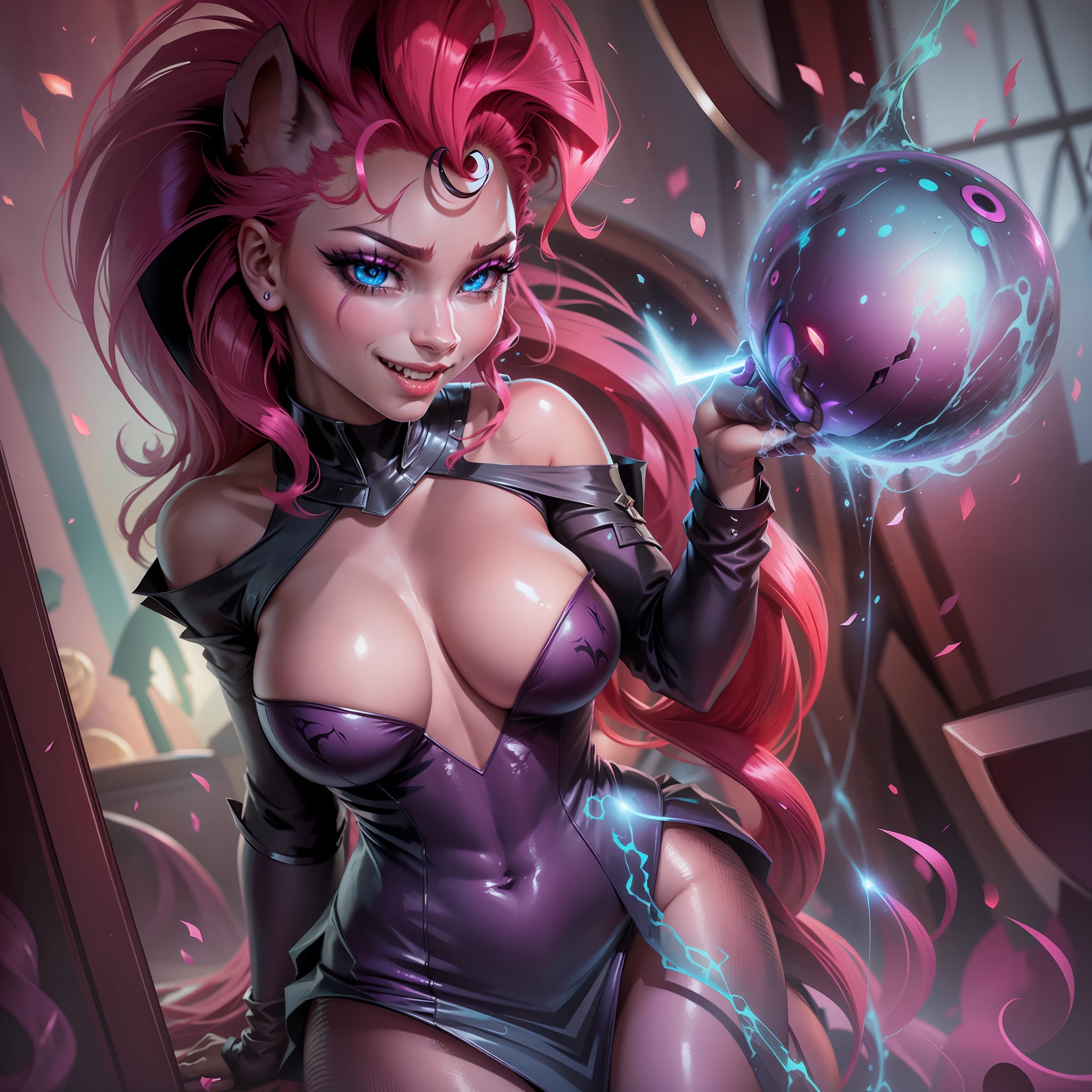 Tempest shadow, Tempest shadow from my little pony, Tempest shadow in the form of a girl, big breasts, voluminous breasts, bulging breasts, firm breasts, vampire, fangs, arousing dress, blue magic from the eyes
