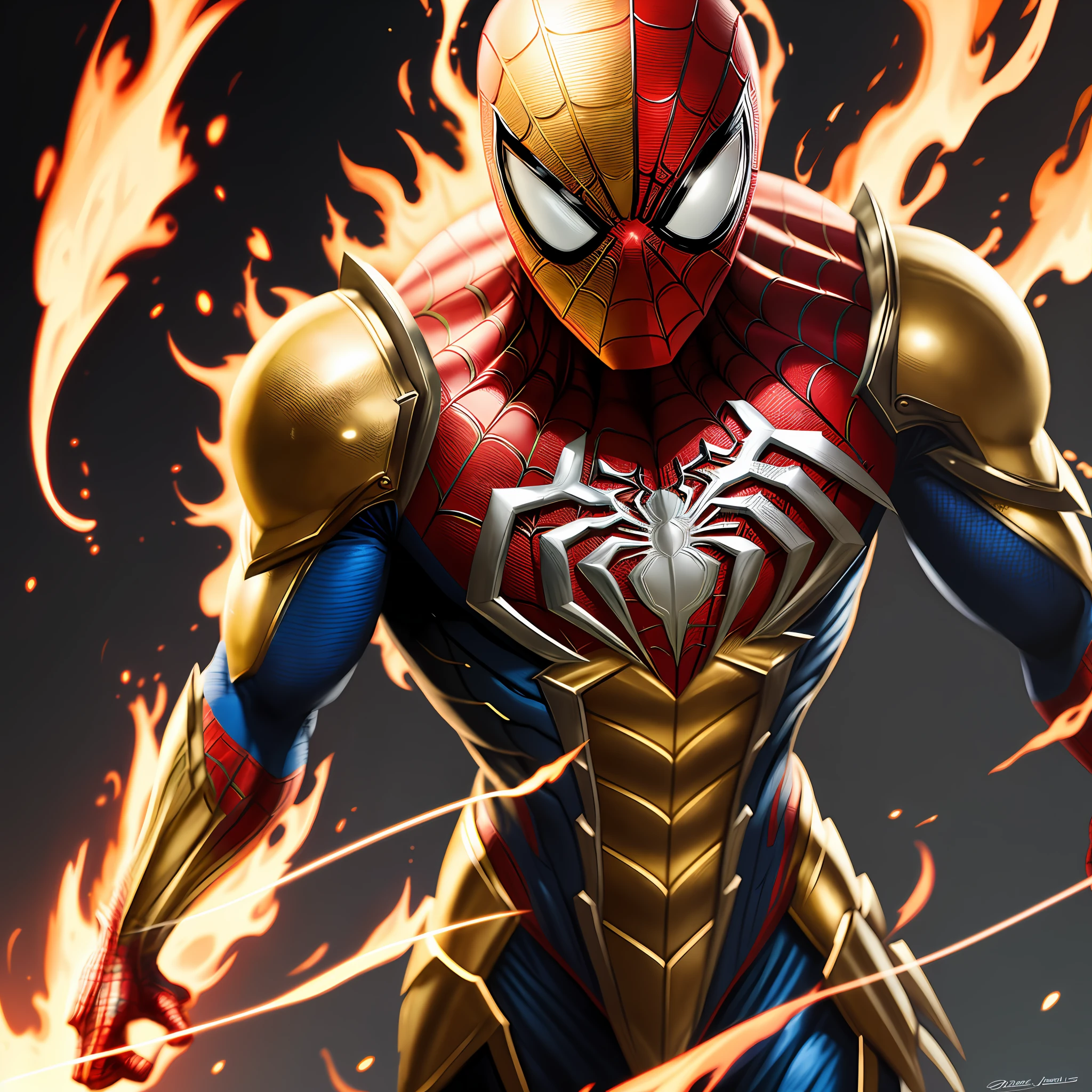 Spiderman, with gold and silver armor, with fire web (high quality and realism) extremely detailed 4K