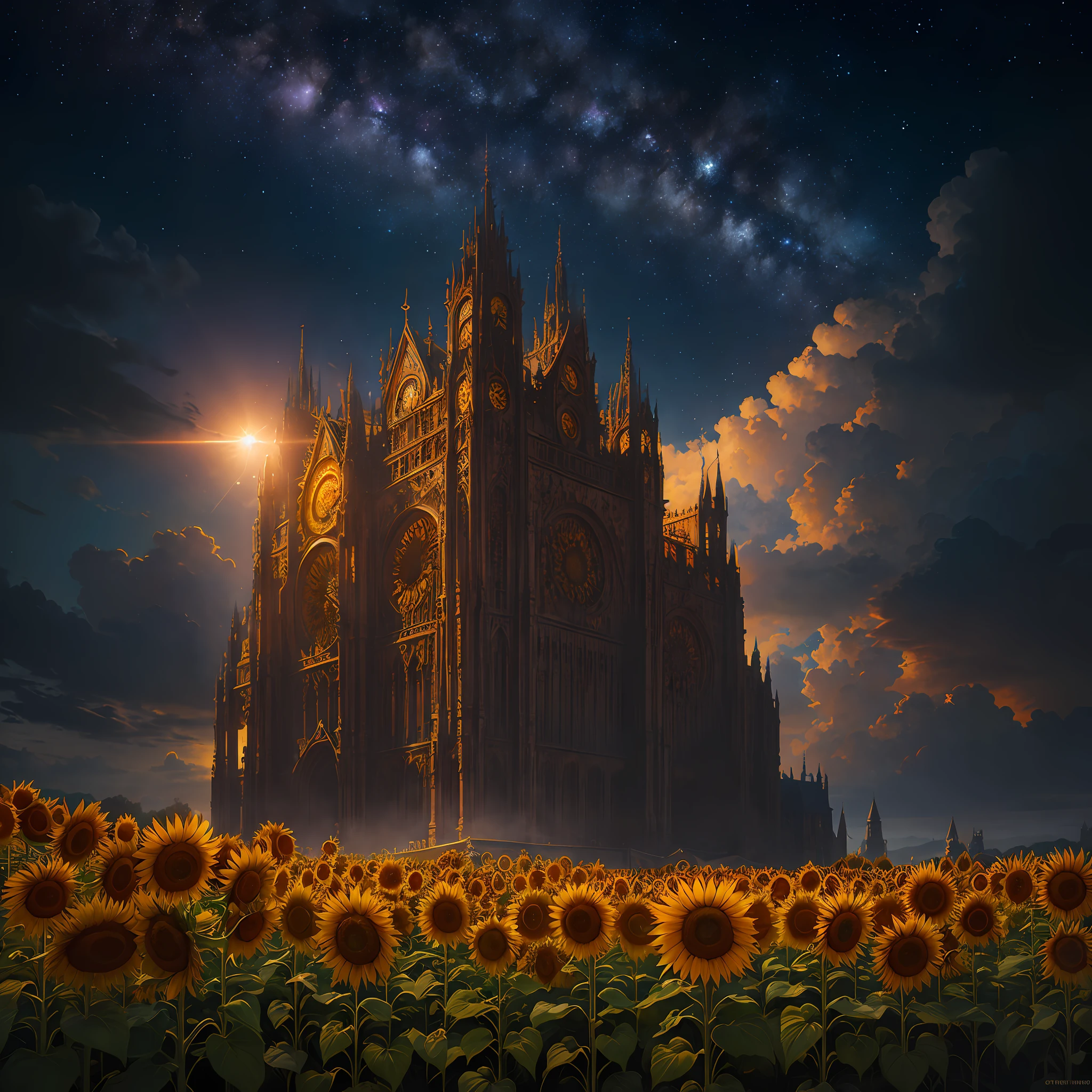 (sunflowers under a starry sky), A sunflowers by Casey Weldon, Olga Kvasha, Miho Hirano, hyperdetailed intricately detailed gothic art trending on Artstation triadic colors Unreal Engine 5 detailed matte painting, deep color, fantastical, intricate detail, splash screen, complementary colors, fantasy concept art, 8k resolution, gothic deviantart masterpiece, (dark shot:0.9), art by greg rutkowski and artgerm, soft cinematic light, adobe lightroom, photolab, hdr, intricate, highly detailed, sunflowers