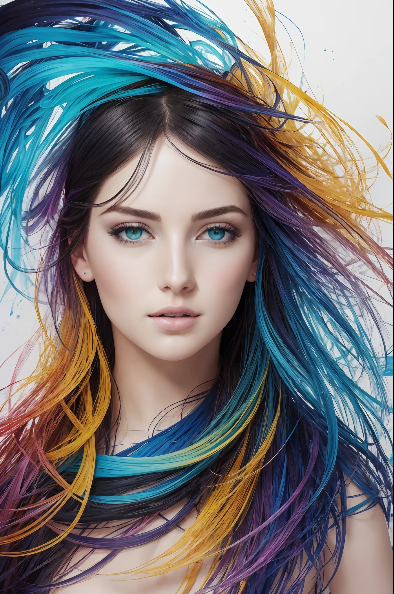 Colorful beautiful girl: a 28-year-old giru, green eyes, messy hair, oil painting, nice perfect face with perfect soft skinice face, blue yellow colors, purple and light violet additions, light red additions, intricate details, home screen, 8k resolution, masterpiece, beautiful face, artstation digital paint very smooth ink flowblack: 8k resolution photorealistic masterpiece: intricately detailed fluid gouache painting: by Jean Baptiste Mongue: calligraphy: acrylic: watercolor art, professional photography, natural lighting, maximalist volumetric lighting photoillustration: by marton bobzert:, complex, elegant, expansive, fantastic, wavy hair, vibrant, best quality details, realistic, high definition, high quality texture, epic lighting, cinematic film still, 8k, soft lighting, anime style, masterful game card border, random colored art, oil painting, blue yellow colors, light purple and violet additions, light red additions, intricate detail, home screen, 8k resolution, masterpiece, artstation soft digital painting very ink flowBlack: 8k resolution photorealistic masterpiece: intricately detailed fluid gouache painting: by Jean Baptiste Mongue: calligraphy: acrylic: watercolor art, professional photography, natural lighting, maximalist volumetric lighting photoillustration: by Marton Bobzert:, complex, elegant, expansive, fantastic, vibrant, white background, t-shirt design, centered