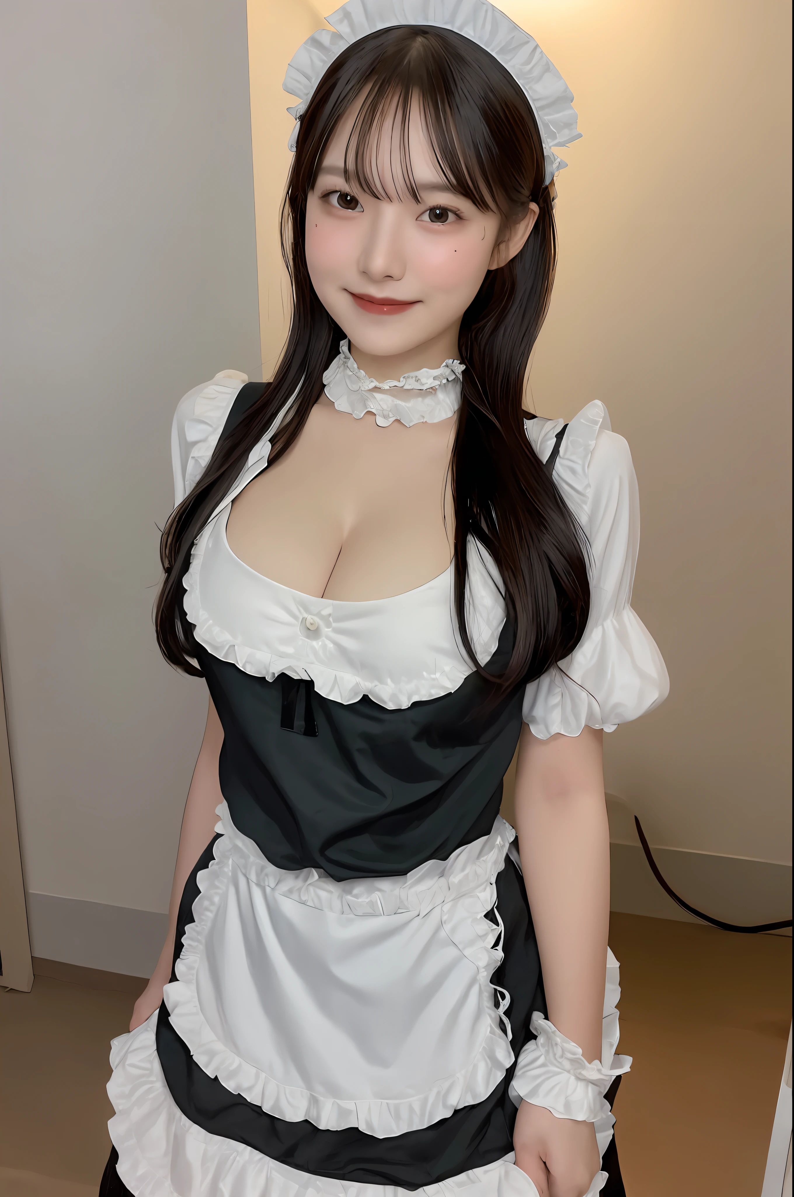 1girl,long hair,smile, ((maid costume)),(at city street) RAW photo, (photorealistic:1.37, realistic), highly detailed CG unified 8K wallpapers, looking at viewer, (((straight from front))), (HQ skin:1.8, shiny skin), 8k uhd, dslr, soft lighting, high quality, film grain, Fujifilm XT3, ((upper body:1.6)), (professional lighting:1.6)