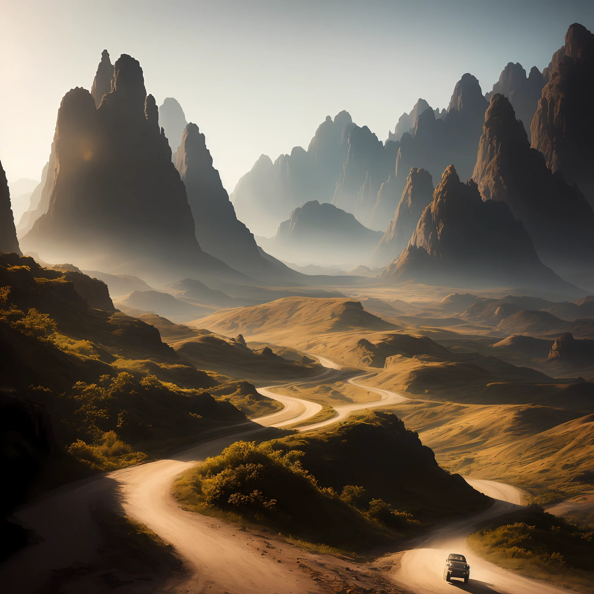 dirt road, by Fei Danxu, by Raymond Han, cinematic. by leng jun, by Bayard Wu, by Fan Qi, atey ghailan and steve mccurry, soft focus matte painting, matte painting portrait shot, by Liang Kai, mystical setting, by Ruan Jia, by Han Gan