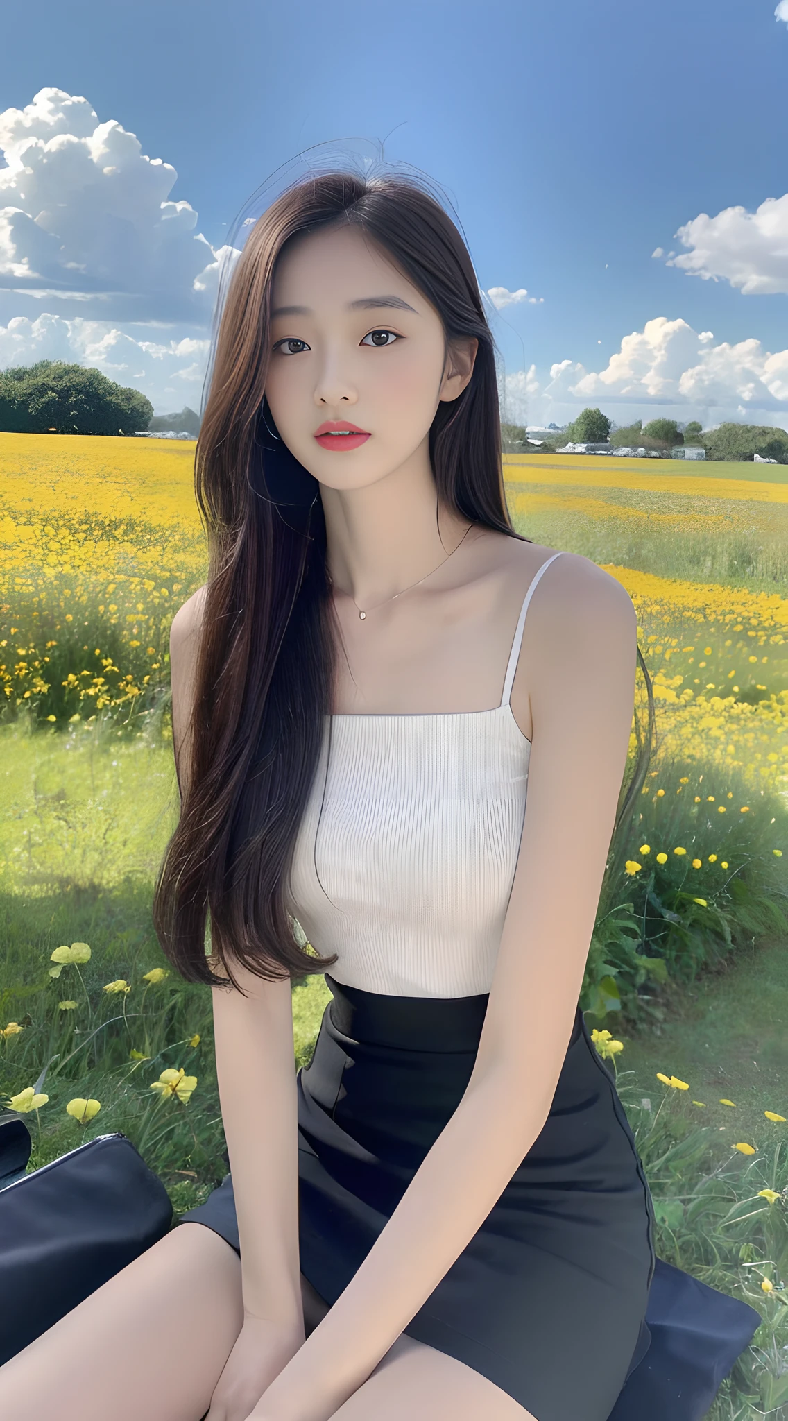 ((Best Quality, 8K, Masterpiece: 1.3)), Focus: 1.2, High School Girl, Perfect S-Shaped Body, (Firm Eyes) (Cute), Delicate Face, Long Hair Waist Length, Long Hair Flowing Hair, Tilted Head, Long Body Leaning Forward, Sweet, Hair Details, Delicate Full Body Portrayal, Delicate Face Portrayal, Best Image Quality, High Resolution, Detailed Background, Delicate Delicate Detailing, Rich Detail, Face Enhancement, (Black Long Top), (Broken Flower Midi Skirt), Blue Sky and White Clouds, Meadow, Seated, By the Highway, no eye bags under the eyes