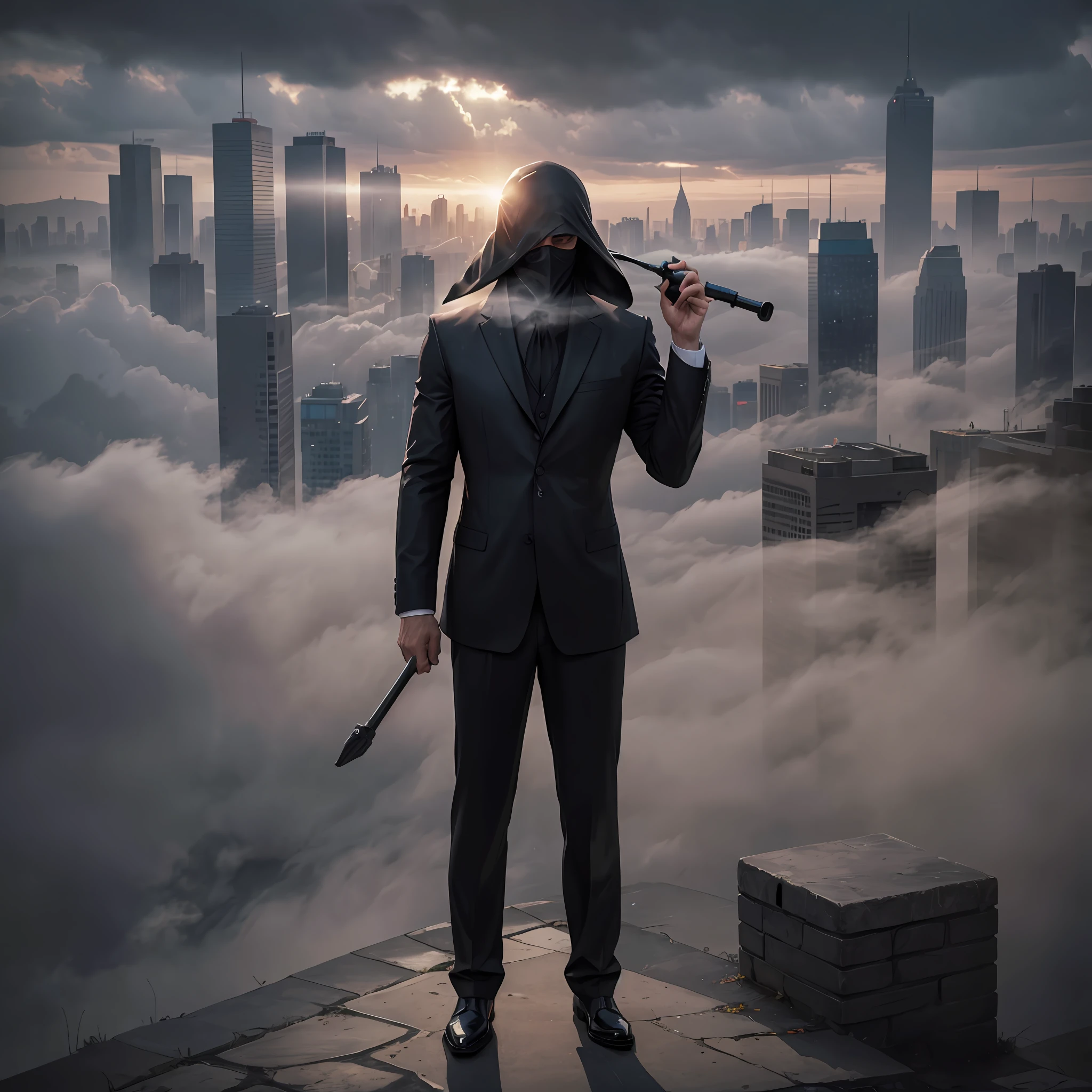 m man in black suit, super realistic, bust image, profile, front, in the background a city, with one, the city covered a mysterious mist, hiding his face, professional photo, hd, 64k, canon camera, nostalgic --auto --s2