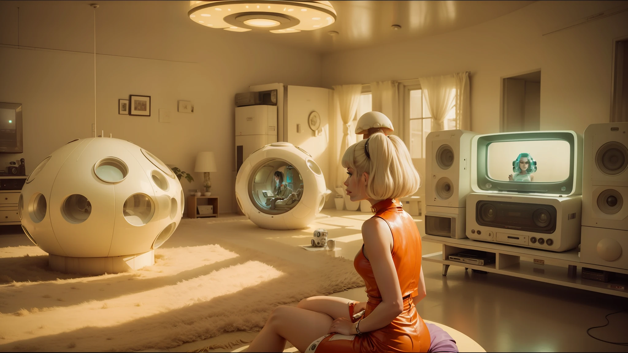 there is a woman sitting in a room with a television and a television, houses in the shape of mushrooms, music video, retrofuturistic female android, 2010, starships, matte art, sixties, poker face, with anamorphic lenses, prometheus (2012) --auto --s2