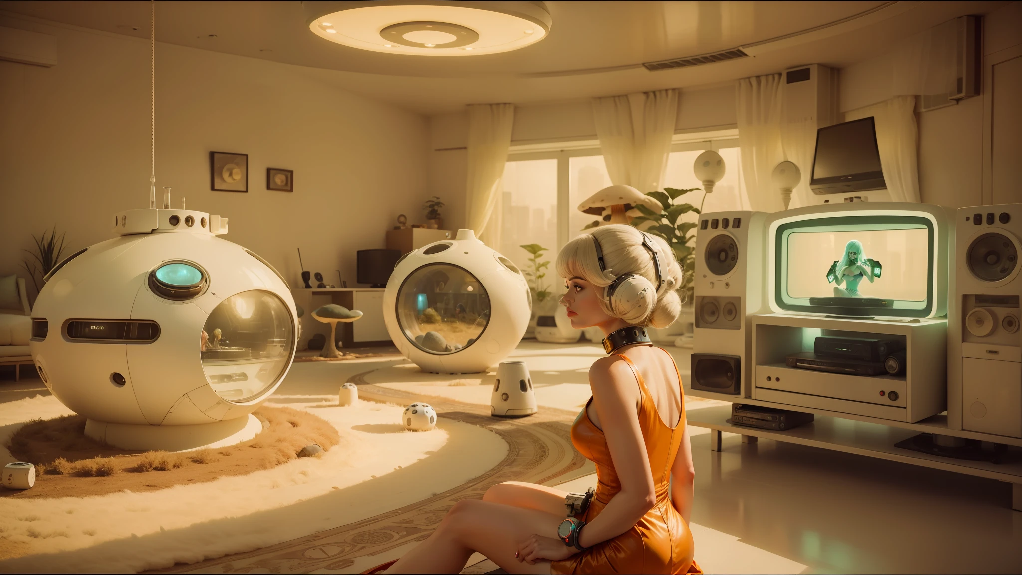 there is a woman sitting in a room with a television and a television, houses in the shape of mushrooms, music video, retrofuturistic female android, 2010, starships, matte art, sixties, poker face, with anamorphic lenses, prometheus (2012) --auto --s2