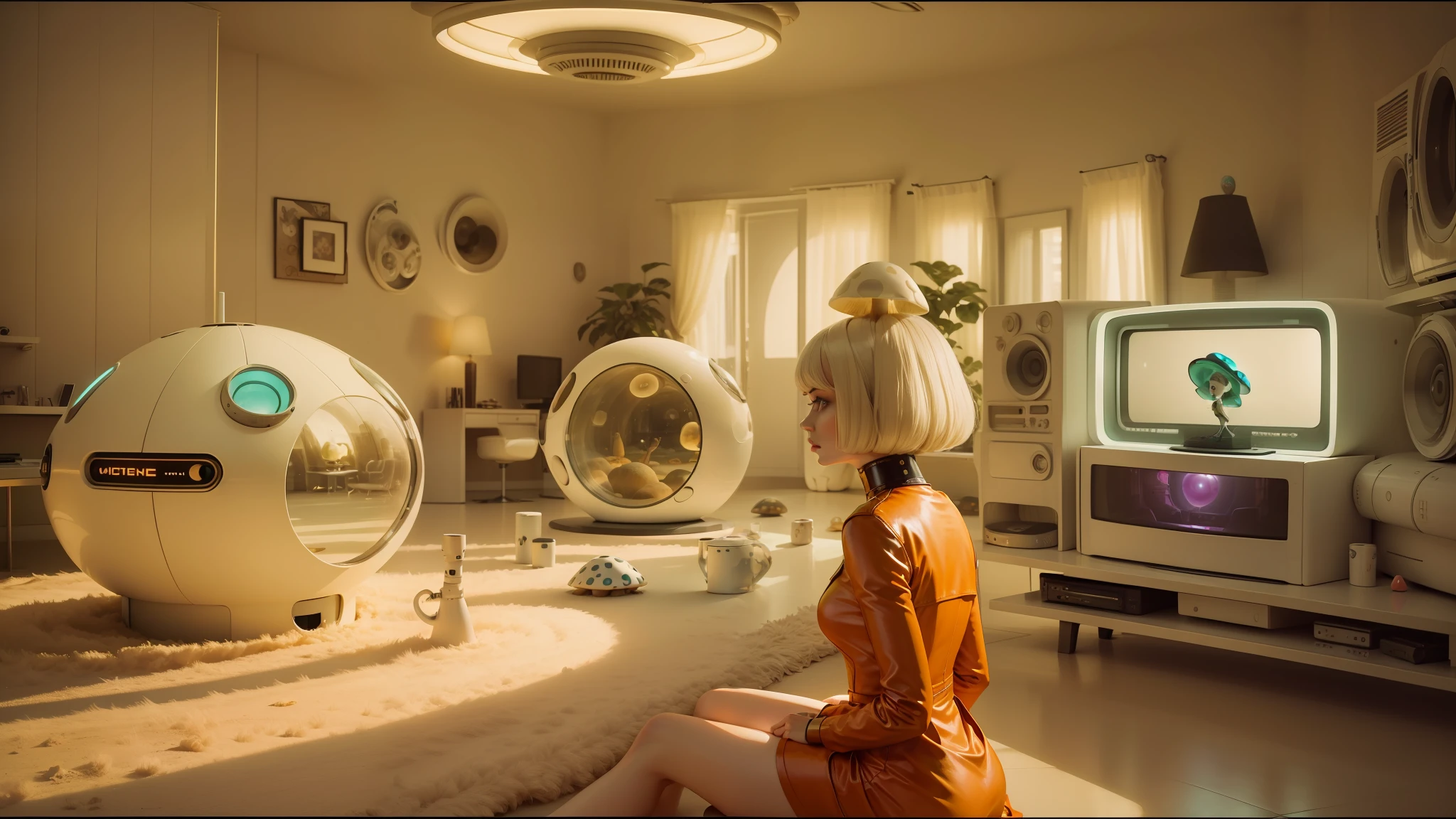 there is a woman sitting in a room with a television and a television, houses in the shape of mushrooms, music video, retrofuturistic female android, 2010, starships, matte art, sixties, poker face, with anamorphic lenses, prometheus (2012) --auto --s2