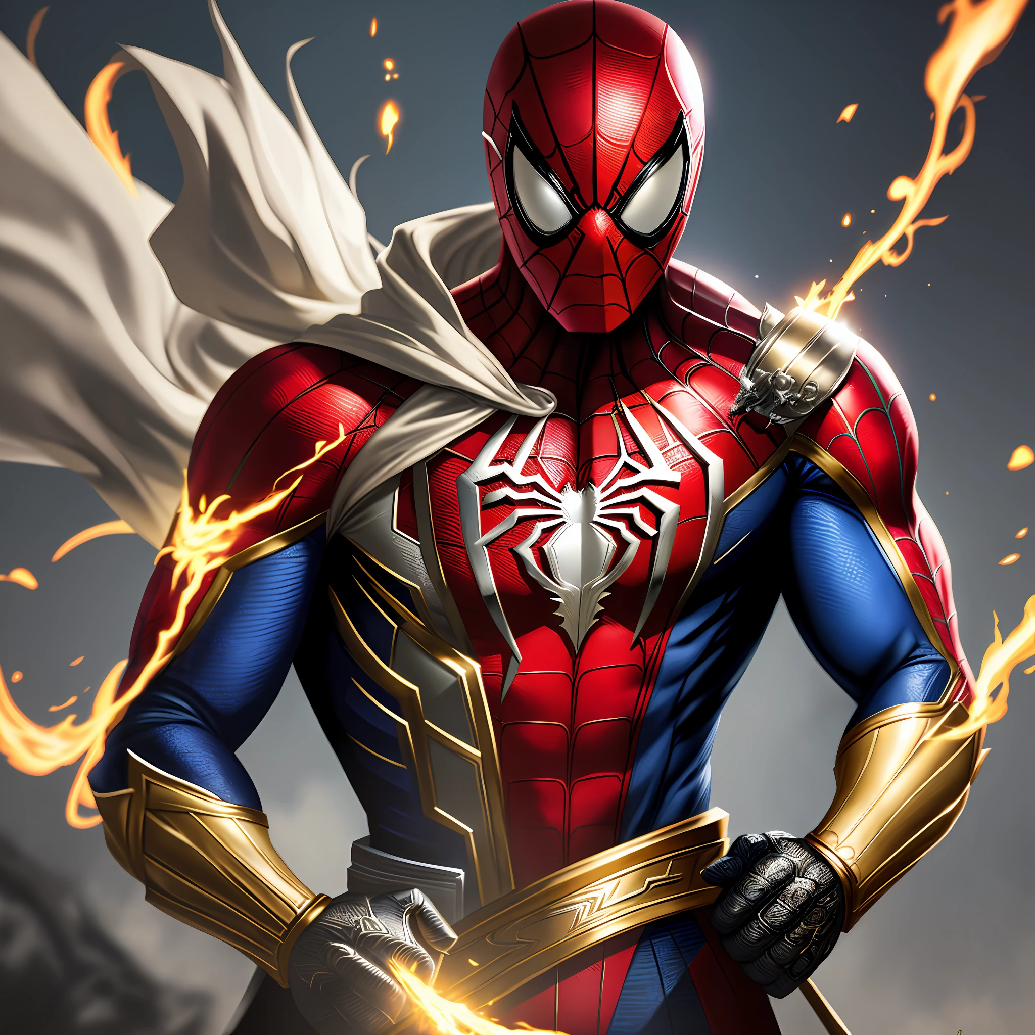 Spiderman, with gold and silver armor, with fire web (high quality and realism) extremely detailed 4K
