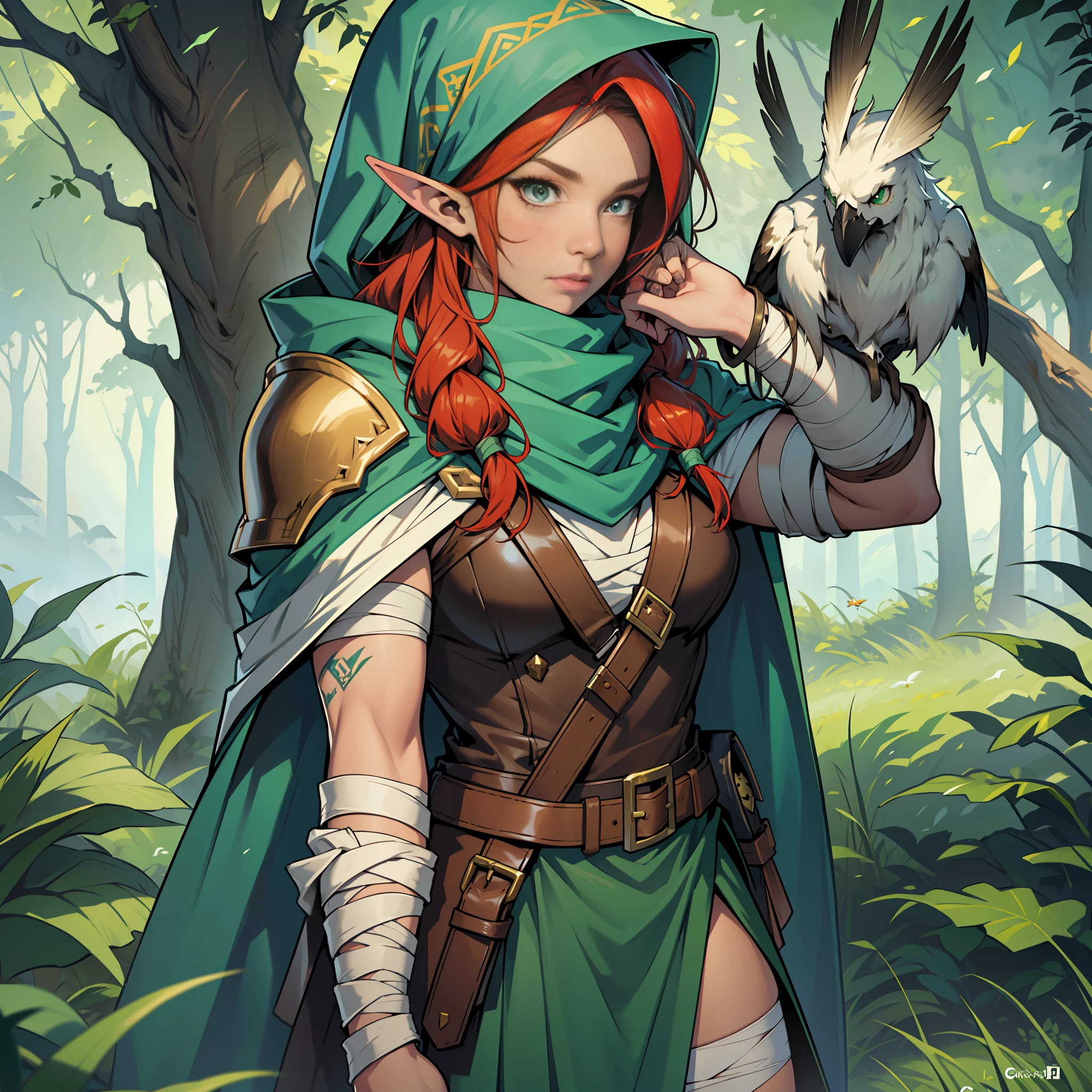 Grass, Sky, Field, League of Legends, 1girl, elf, druid, animal ears, bandage legs, long legs, bandage, bandage, bird legs, bird skull, cape, shut up, ears by headdress, eyes visible through hair, face drawings, feathers, hood, hooded cape, long hair, brown green eyes, Ginger, red hair, colorite hair, armor, blue scarf, scarf, scarf, scarf long hair, hooded scarf, green clothes, green skirt,  long skirt, leather armor, nose ring, nostrils, backpack