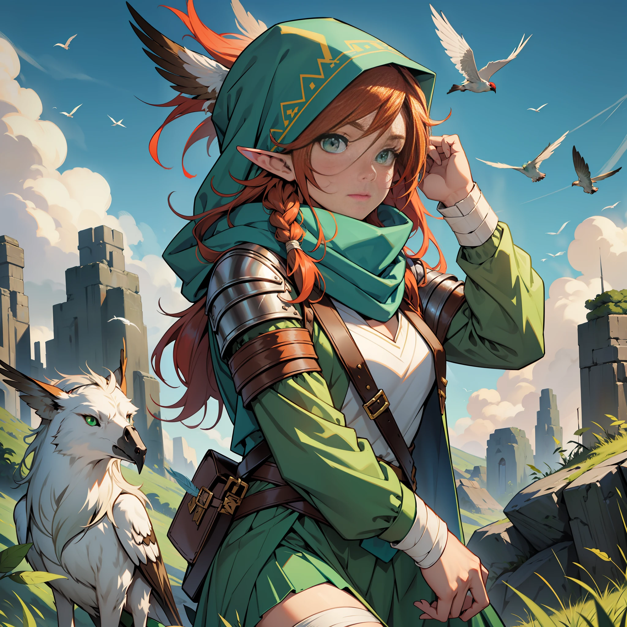 Grass, Sky, Field, League of Legends, 1girl, elf, druid, animal ears, bandage legs, long legs, bandage, bandage, bird legs, bird skull, cape, shut up, ears by headdress, eyes visible through hair, face drawings, feathers, hood, hooded cape, long hair, brown green eyes, Ginger, red hair, colorite hair, armor, blue scarf, scarf, scarf, scarf long hair, hooded scarf, green clothes, green skirt, long skirt, leather armor, nose ring, nostrils, backpack