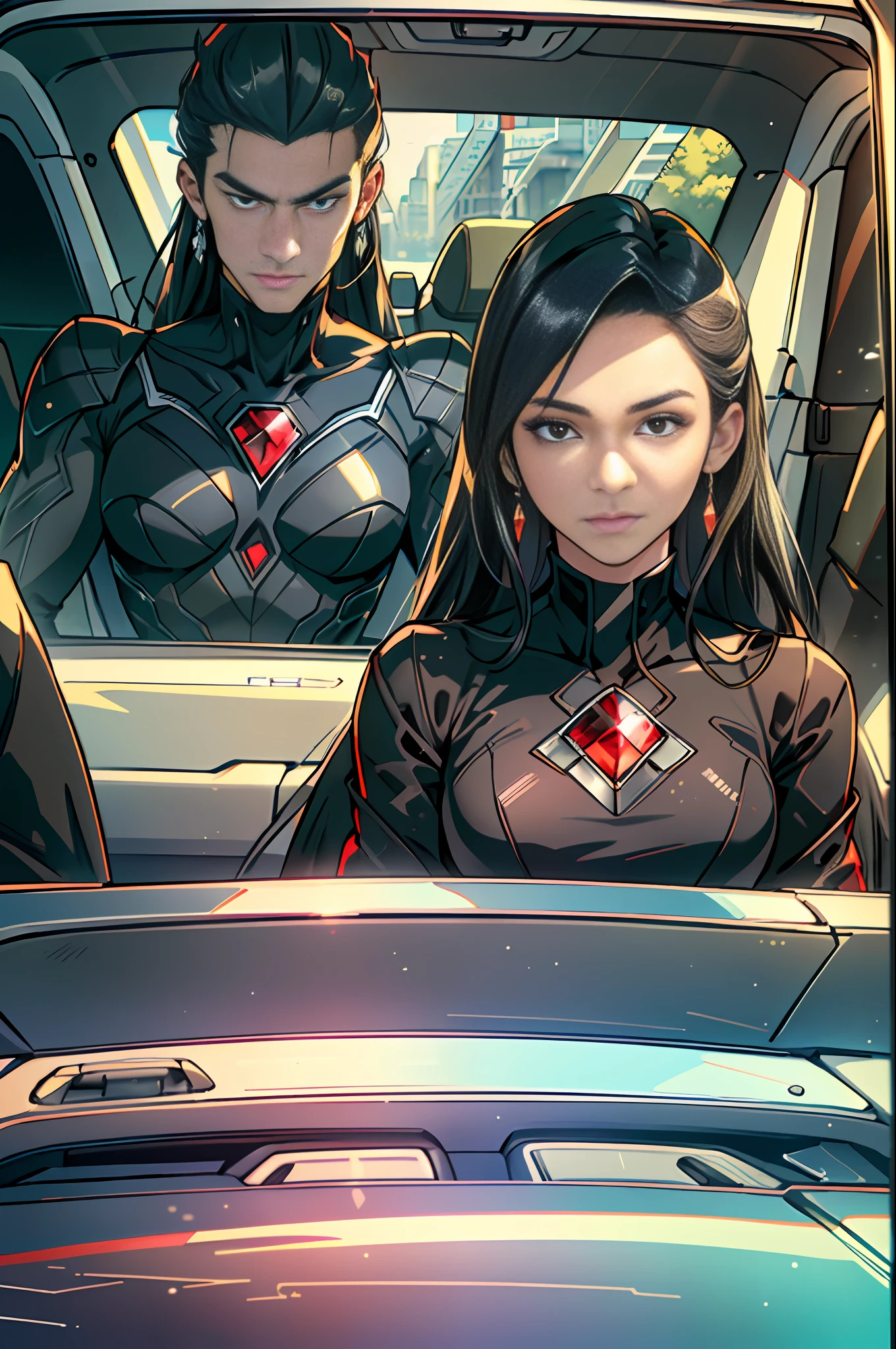 (Best quality, 8k, Masterpiece: 1.3), (Focus: male, Clear focus: 1.2, Face detail: 1.3), (Double sitting at the front of the car: 1.2, male black suit, handsome and mature, female royal sister, high cold female, red long dress, quality light)