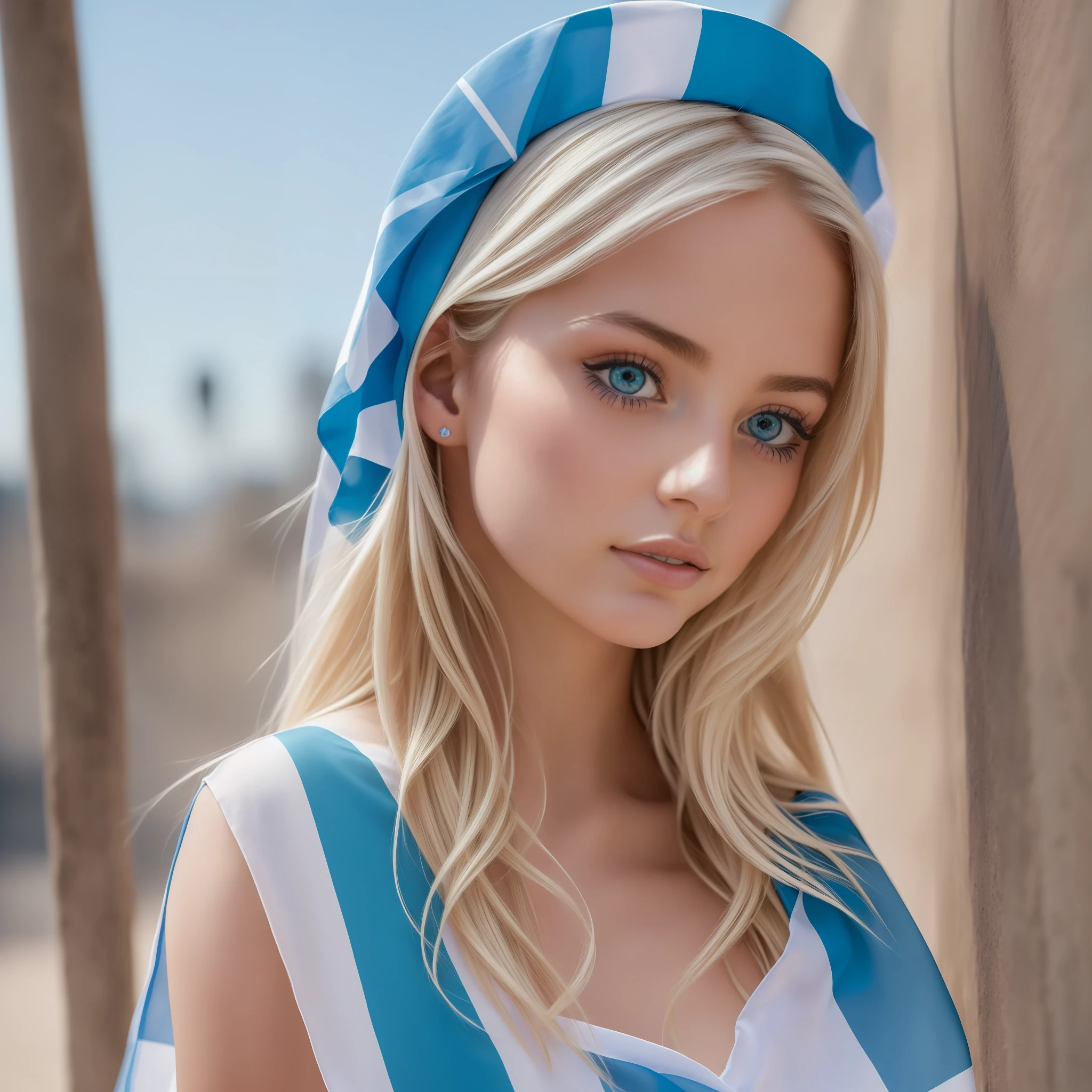 A beautiful Argentine girl half blonde and with lovely blue eyes, wrapped in the flag of Argentina,(top of the color of the Argentine flag: 1.2), 8K, (insanely detailed:1.5), profile photograph, 20 megapixels, Canon EOS R3, detailed skin, pale skin --auto --s2