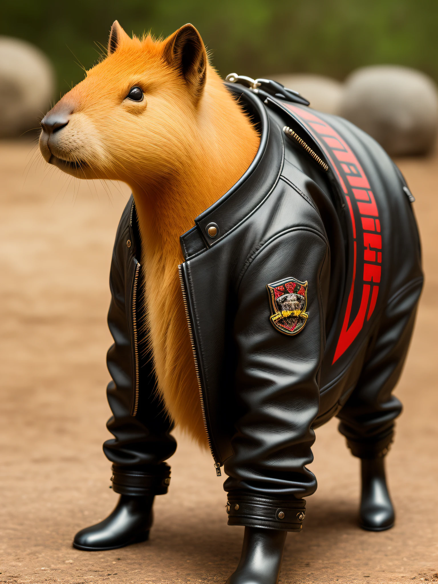 1 single capybara, capybara punk, , in leather jacket for animals, on 4 legs, rock, punk style, rock style, ((complex details)), hdr, ((complex details, hyperdetail)), cinematic frame, vignette
