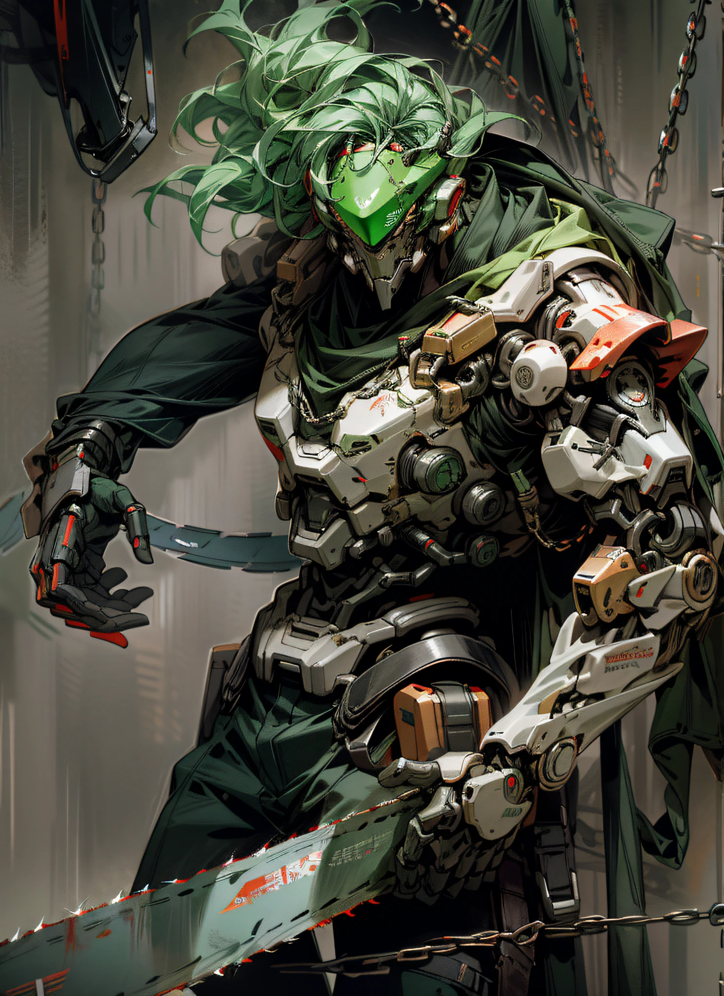 Dark_Fantasy,Cyberpunk,(chain saw,chain saw man,Red:1.1),1man,Mechanical marvel,Robotic presence,Cybernetic guardian, green color