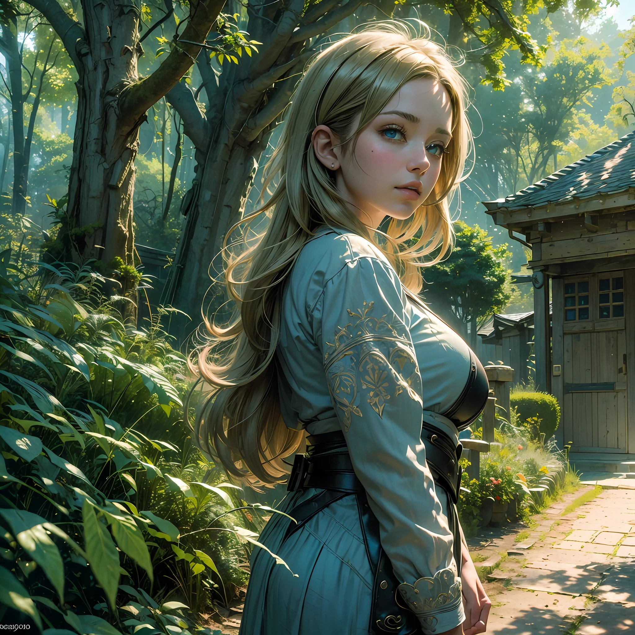 "(((masterpiece))), maximum quality, ultra detail, state-of-the-art texture and shading, dark blonde hair, chubby, petite and butty body, cyan colored eyes, delicate face. The scenery is open, with a picturesque and lush background, all in ultra-realistic 4K with shadows and real depth." --auto --s2