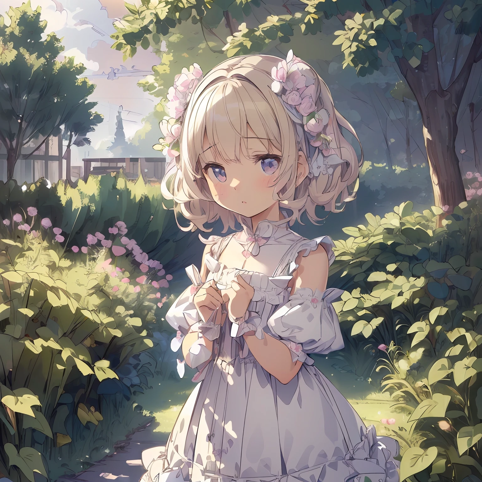 (masterpiece:1.2), (artwork:1.3), (amazing art:1.4), (best illustrator artist:1.3), (best luminosity), (best ultra-detailed, ultra-realistic, ultra-illustrated graphic:1.5), (chibi-cute+kawaii style:1.5) (kawaii cute best), (cute kawaii:1.2) 0.3), a cute little girl with short blonde hair, bright bright pearly pearly blue eyes bioluminescent luminecent, wearing a cute pink dress with fluffy ruffles,  in one (extremely detailed CG unit wallpaper:1.8), of a very beautiful garden with amazing flowers in a beautiful and well-illustrated painting, cinematic lighting of cinema studios Paramount and Wit. 0.8]