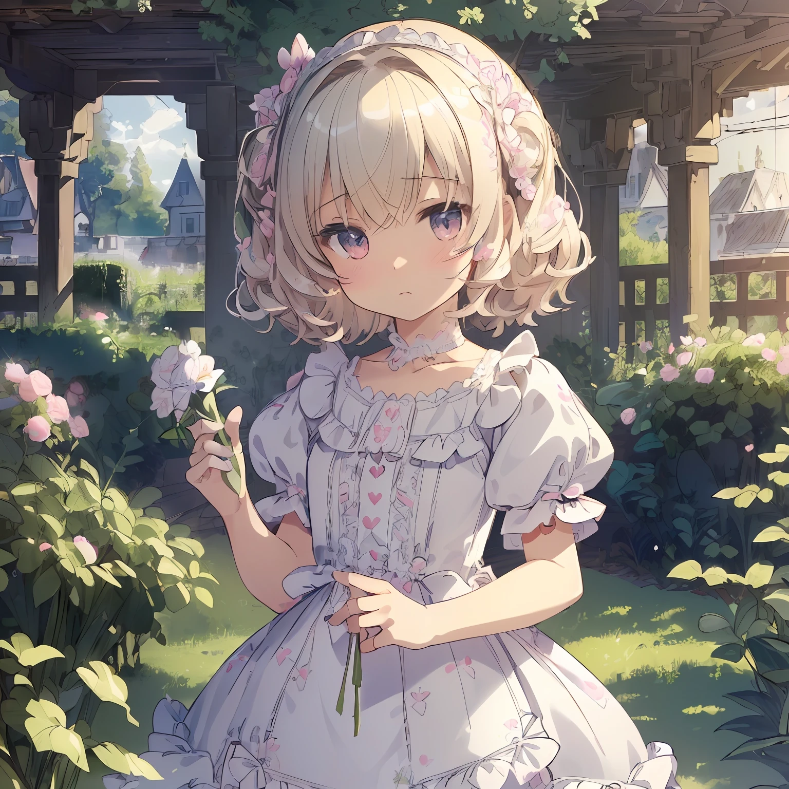 (masterpiece:1.2), (artwork:1.3), (amazing art:1.4), (best illustrator artist:1.3), (best luminosity), (best ultra-detailed, ultra-realistic, ultra-illustrated graphic:1.5), (chibi-cute+kawaii style:1.5) (kawaii cute best), (cute kawaii:1.2) 0.3), a cute little girl with short blonde hair, bright bright pearly pearly blue eyes bioluminescent luminecent, wearing a cute pink dress with fluffy ruffles,  in one (extremely detailed CG unit wallpaper:1.8), of a very beautiful garden with amazing flowers in a beautiful and well-illustrated painting, cinematic lighting of cinema studios Paramount and Wit. 0.8]