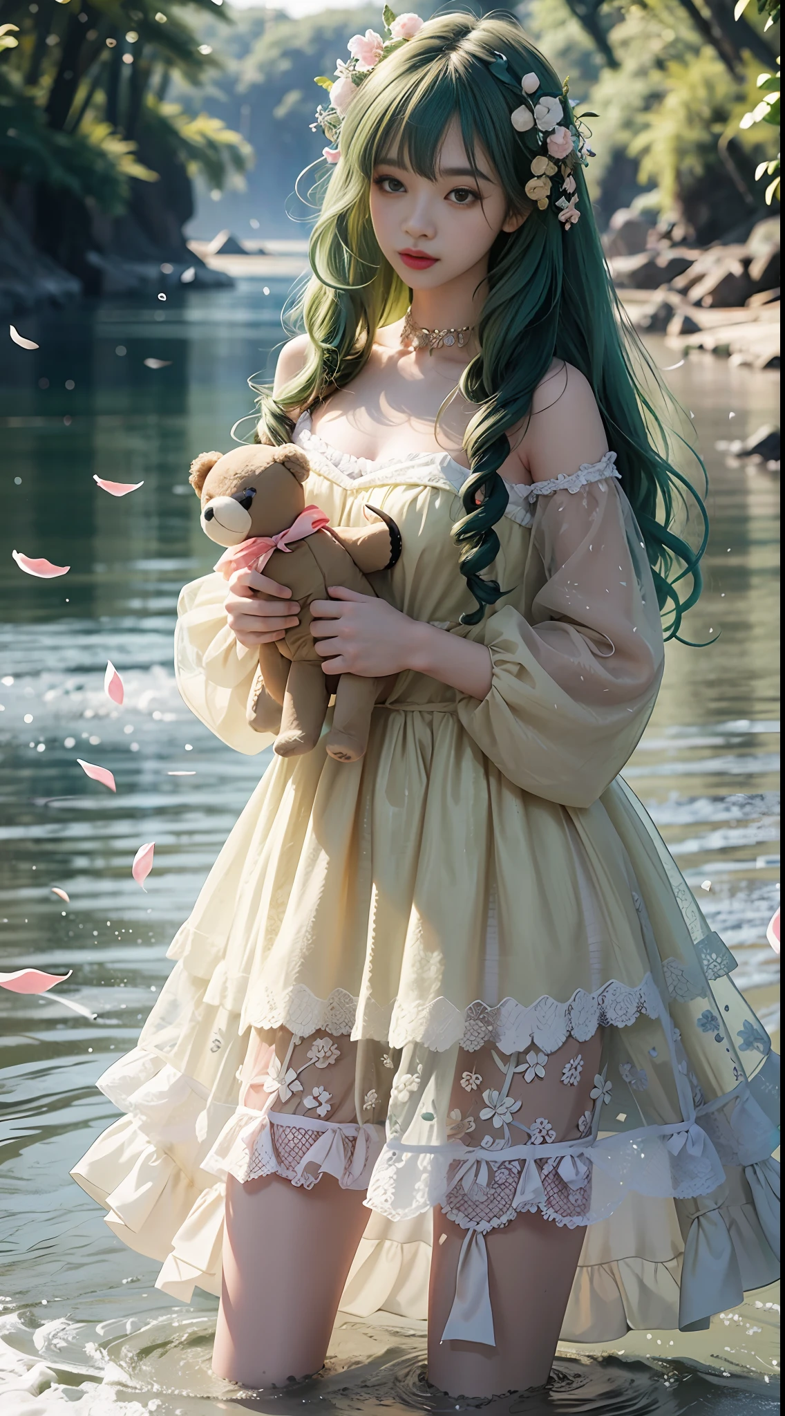 1 girl walking on the river, mix 4, sweater, pillow, lips, open_mouth, realism, photo_\(medium), solo, stuffed_animal, stuffed_toy, teddy_bear, (masterpiece), (realistic: 1.3), ultra detail, (high detail skin: 1.2), (best quality: 1.0), (ultra high resolution: 1.0), (ulzzang-6500:0.3), Wavy details green hair, long hair, sunlight, (beautiful detail makeup), floral theme petals scattered, (soft glow flood: 0.5), full body, full body photo