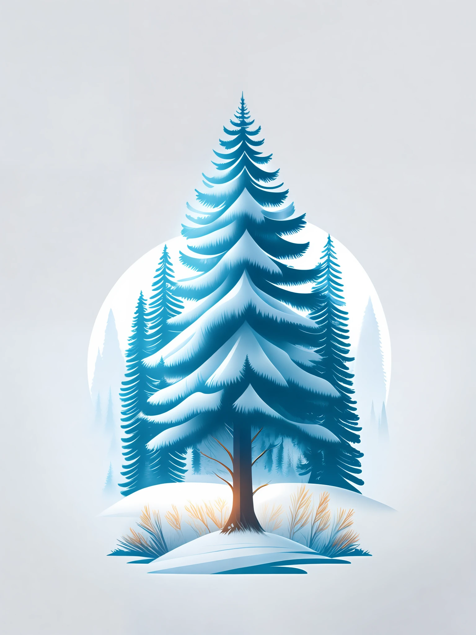 A spruce tree in a winter landscape, T-shirt design, rzminjourney, vector art, centered, white background