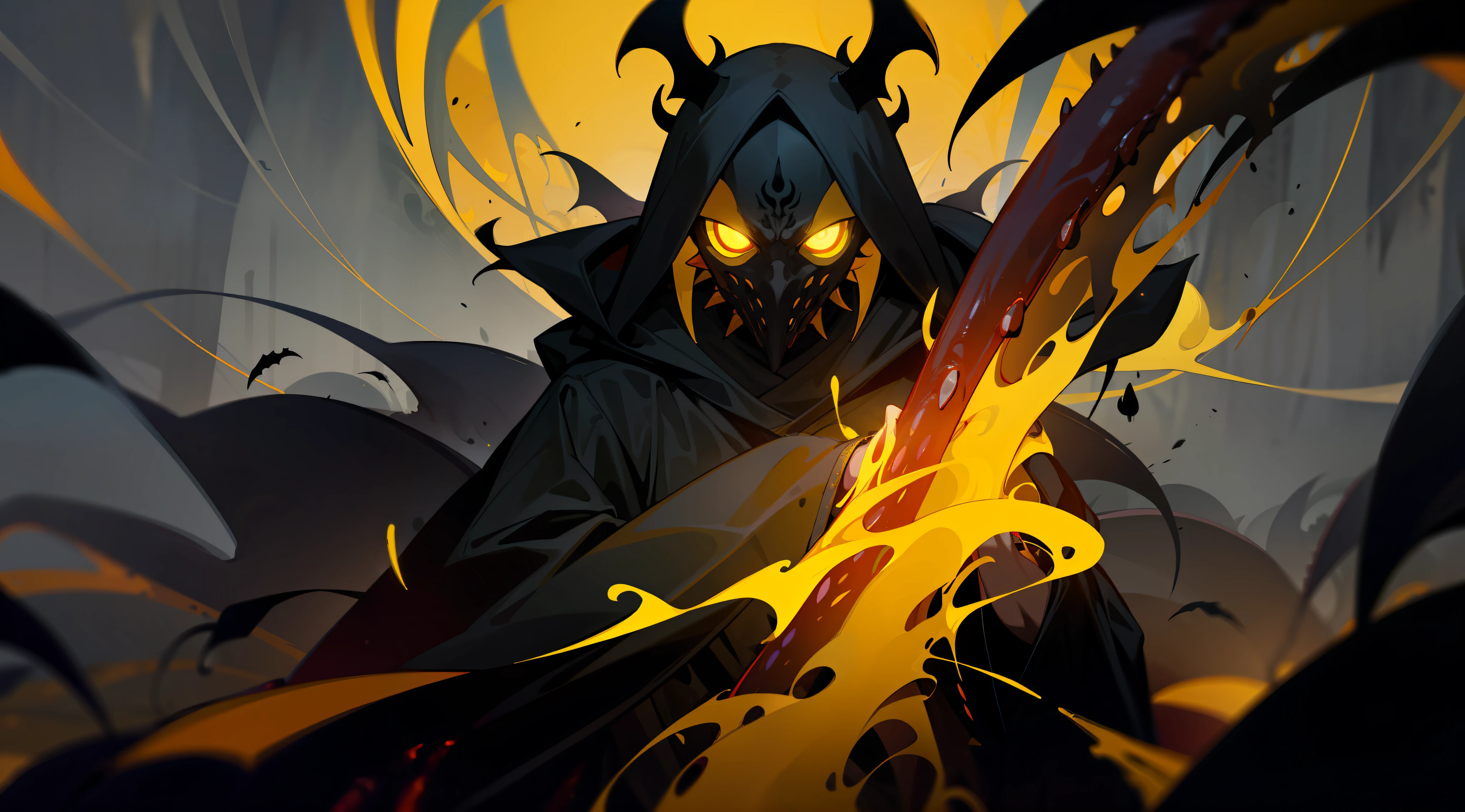 a cultist, dark black robe, monstrous yellow mask, surrounded by dark aura, dark yellow shadowy smoke and dark yellow tentacles, horror ambient, darkness