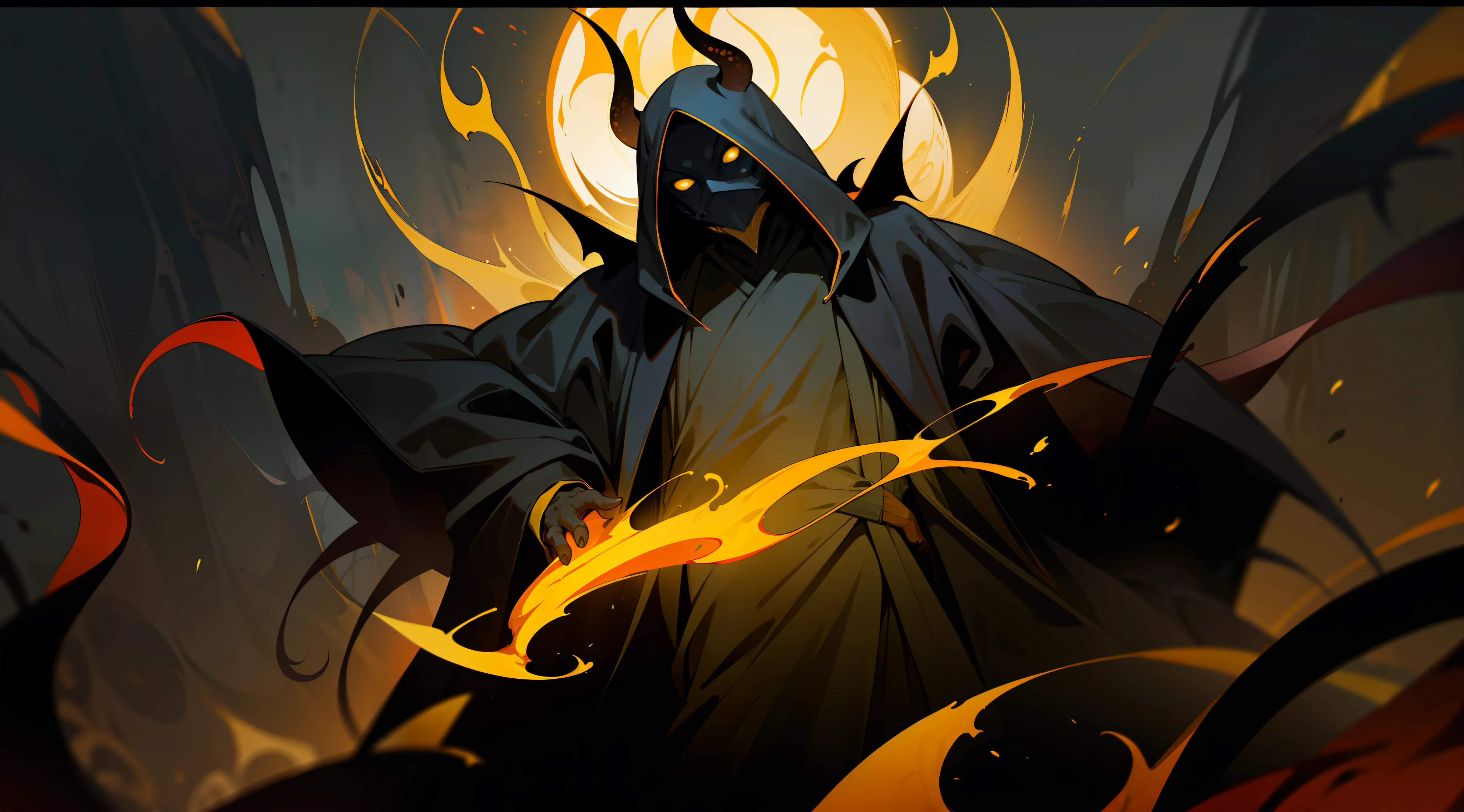 a cultist, dark black robe, monstrous yellow mask, surrounded by dark aura, dark yellow shadowy smoke and dark yellow tentacles, horror ambient, darkness