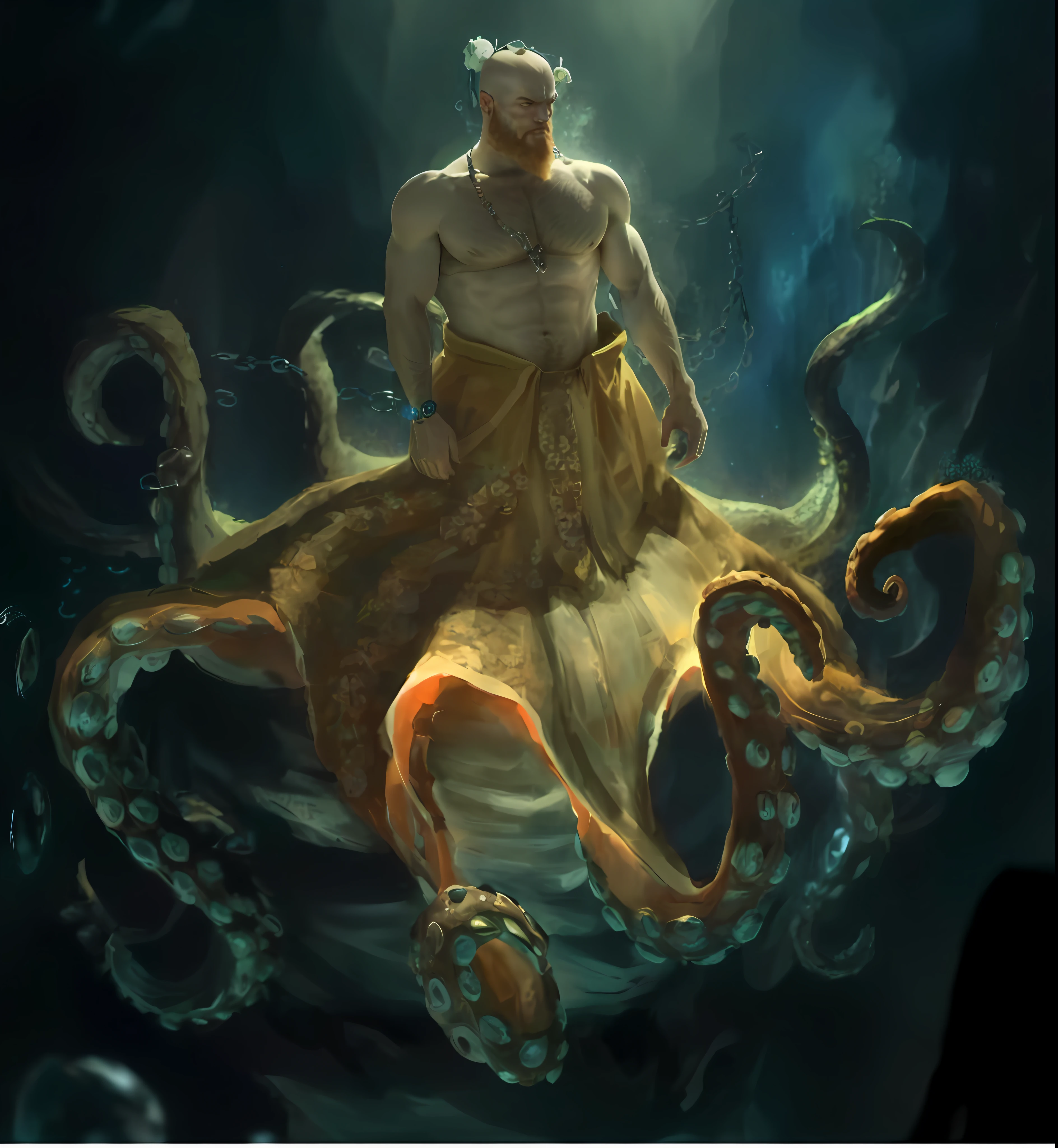 Hybrid man, from the waist up a bald strong man with a short red beard, from the waist down his body are large and bright strong blue octopus tentacles with accessories of various white shells and silver chains.