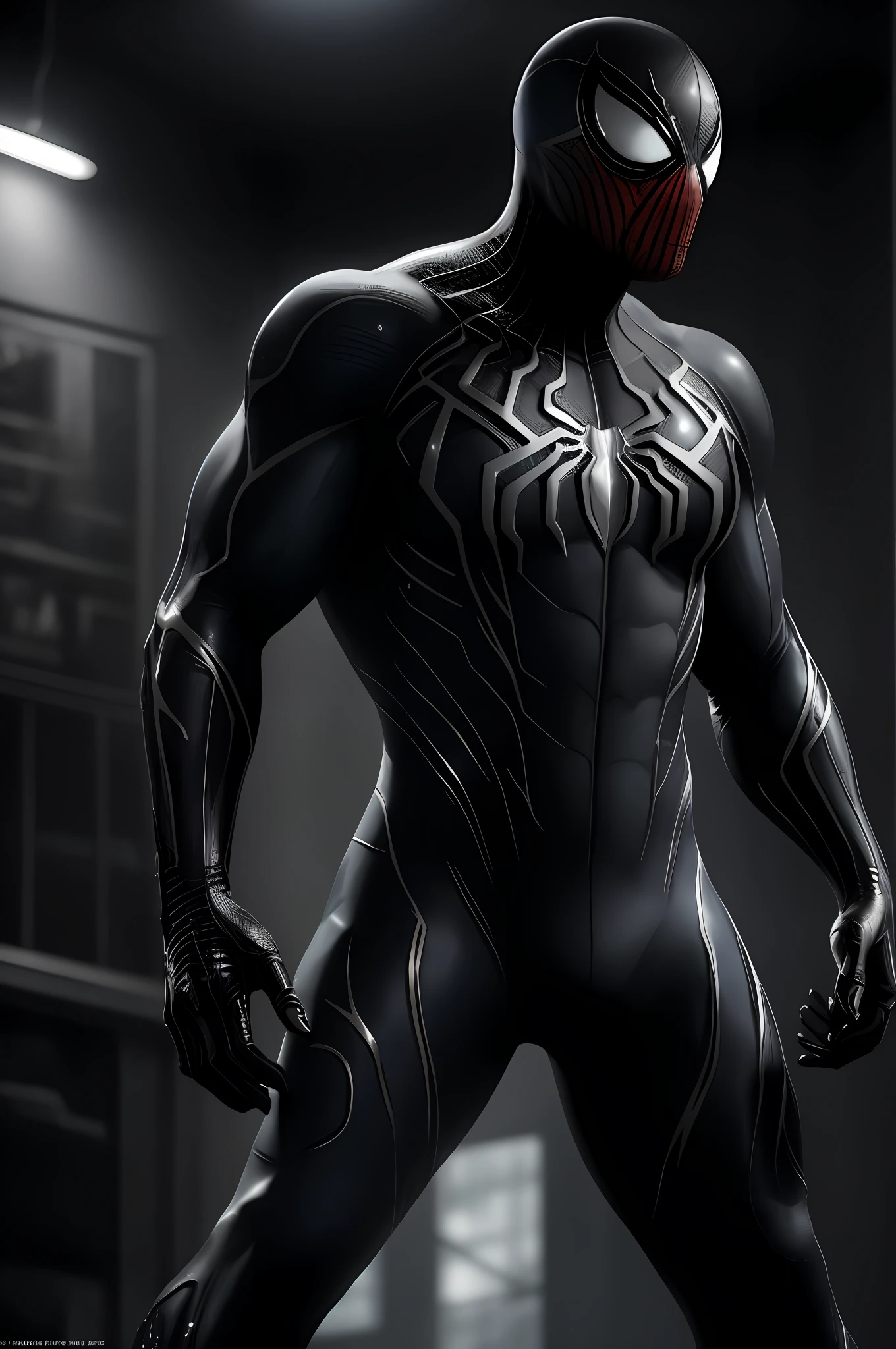 8k, RAW photo, best quality, masterpiece: 1.2), ultra detailed, official art, photo-realistic: 1.37, PS5 cinematic screenshot, highly detailed and detailed cinematic rendering, ultra photorealistic raytricing, with cinematic lighting, Black and White Spider-Man, Venom Symbiote Suit, Glittery Goo Organic Suit