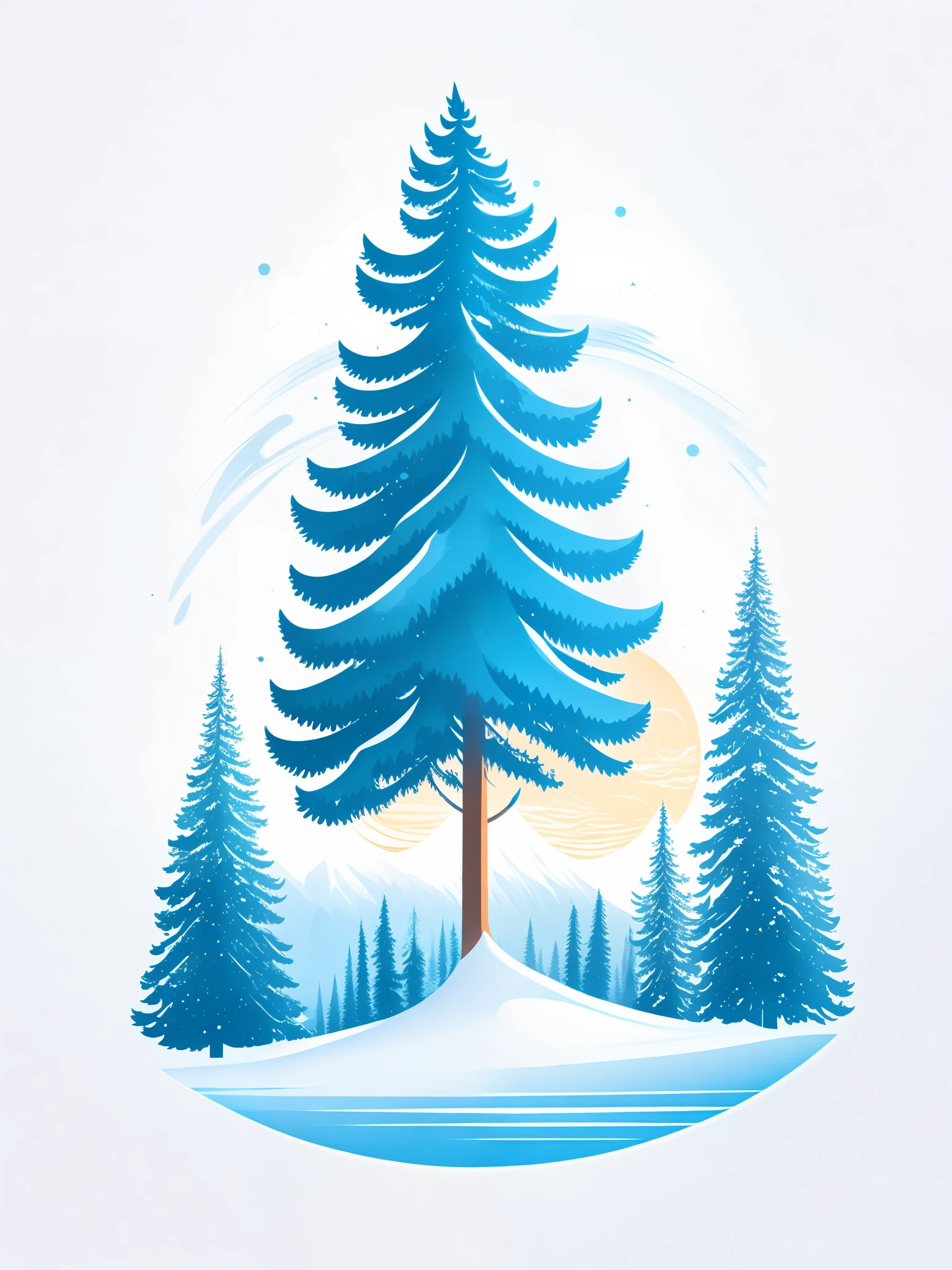 A spruce tree in a winter landscape, T-shirt design, rzminjourney, vector art, centered, white background