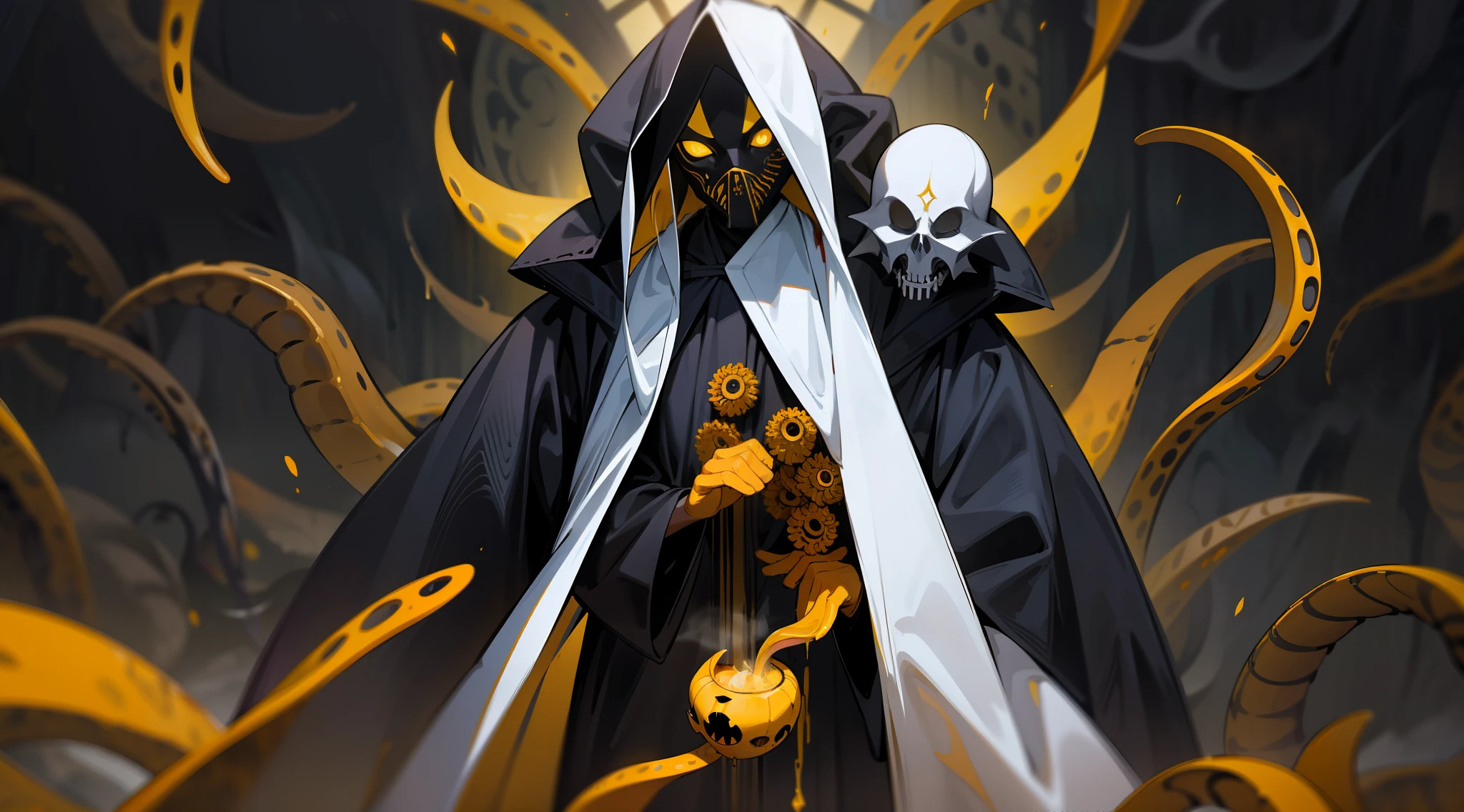 black robes, dark yellow cultist mask, dark aura, yellow shadowy smoke, horror ambient, surrounded by dark yellow tentacles, gore, horror, bloody, ritualistic, mystic, monstrous
